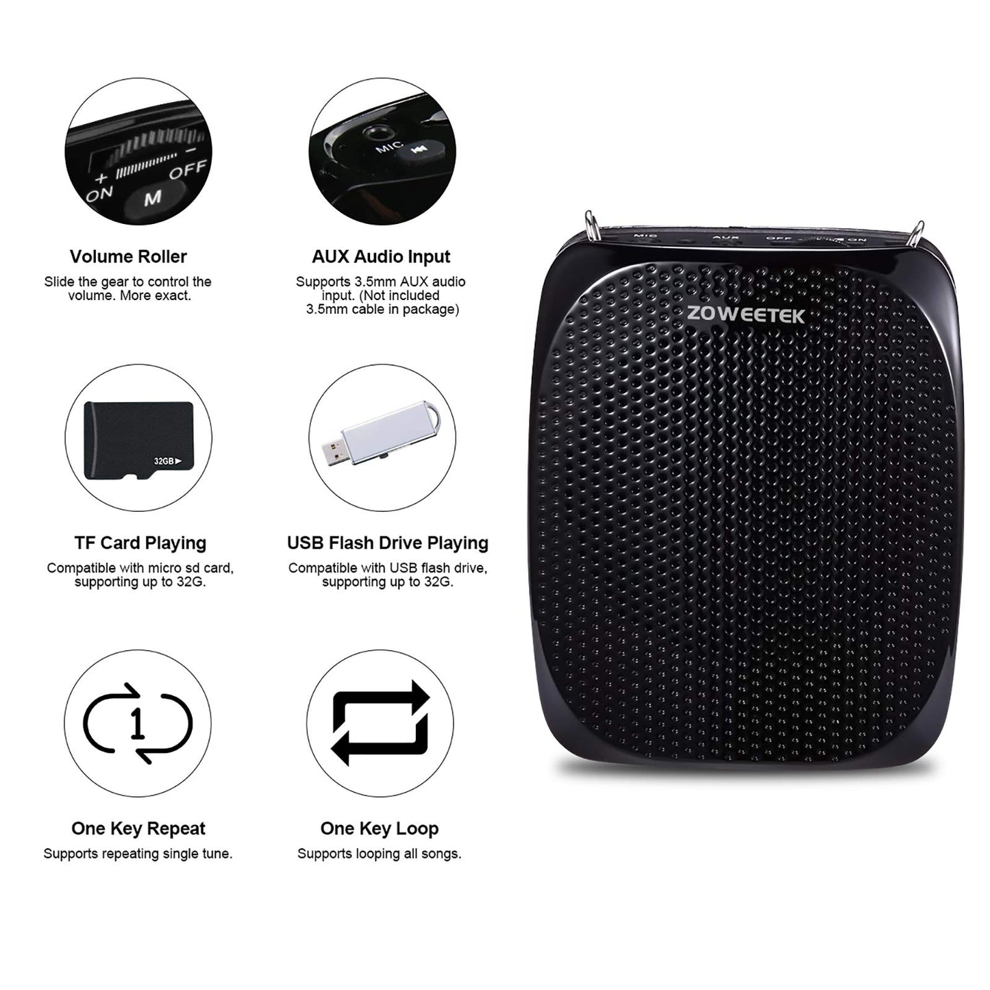ZOWEETEK ZW-Z258 Portable Rechargeable Mini Voice Amplifier for Teachers with Wired Microphone Headset and Waistband,Supports MP3 Format Audio for Speech, Class, Training,Tour Guide,Power Amplifiers
