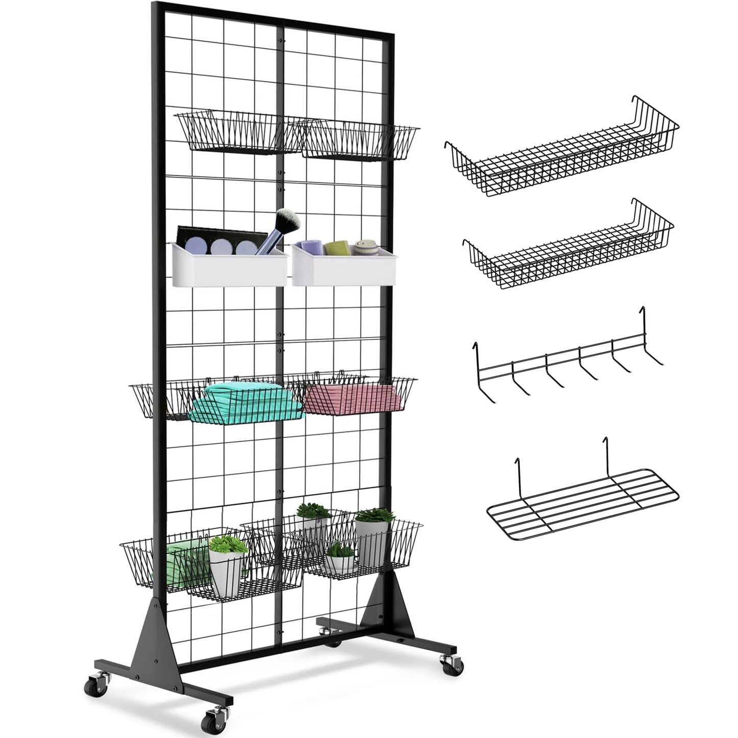 RCZSCBK 1-Pack Grid Wall Panels, 2' X 5.5' Ft Gridwall Panel Display Stand, Heavy Movable Floorstanding Detachable Gird Wall Panels,Suitable for Art Fairs(Lncludes 4-Pack Mesh Accessories)