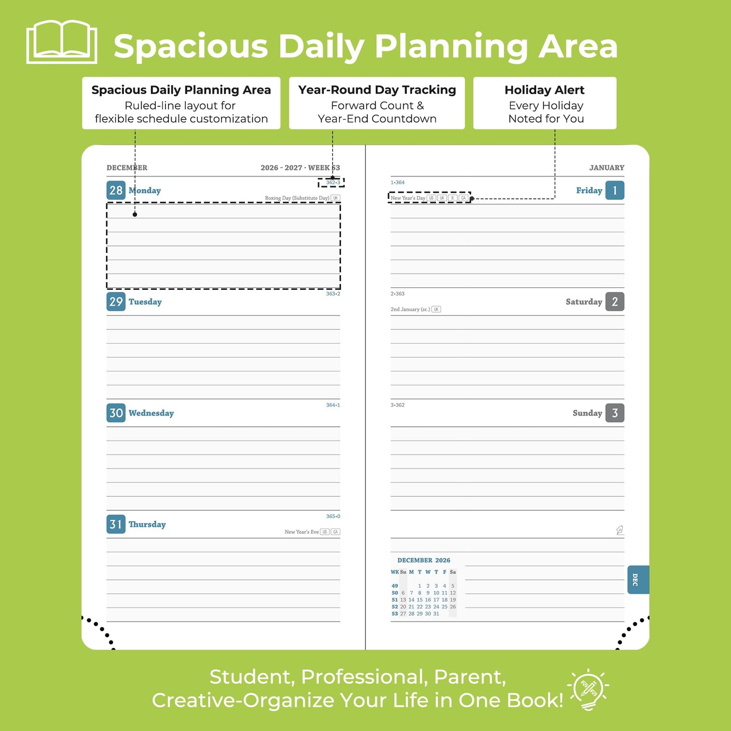 IN-LUXPRO Planner 2026-2027 Daily Weekly and Monthly,6.5"x3.75",18 Months Spiral Bound Calendar Agenda with Self-adhesive Pen Holder,2026 Academic Plan with Vegan Leather Soft Cover,Wasabi Green
