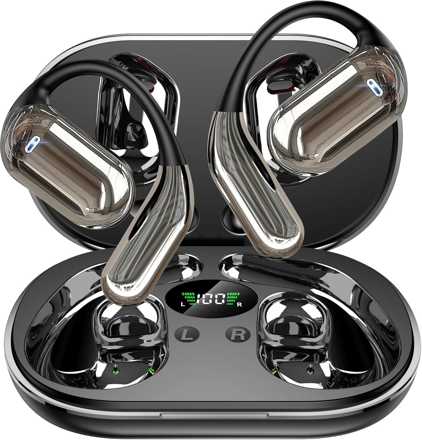 Open Ear Clip Wireless Earbuds Bone Conduction Headphones, Bluetooth 5.4，Built-in Mic, IPX7 Waterproof, LED Display Charging Case,Ear Hooks Ear Buds, Design for Running/Fitness/Office/Sport
