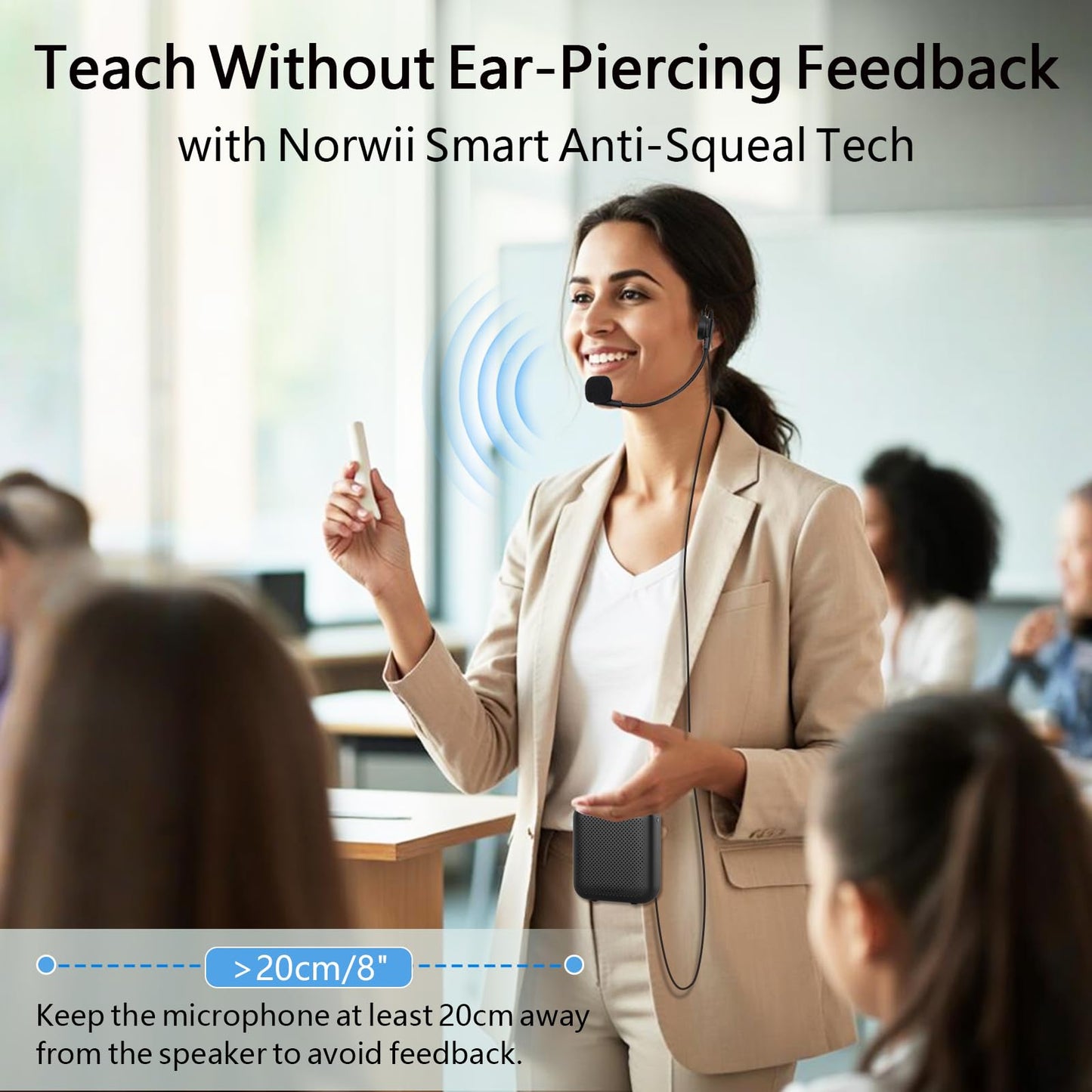 Norwii Bluetooth Voice Amplifier, Power Amplifiers, Portable Mini Wired Microphone Headset for Teacher Classroom & Outdoor Lectures, Teaching, Tour Guides, USB-C Rechargeable - 4000mAh, Black
