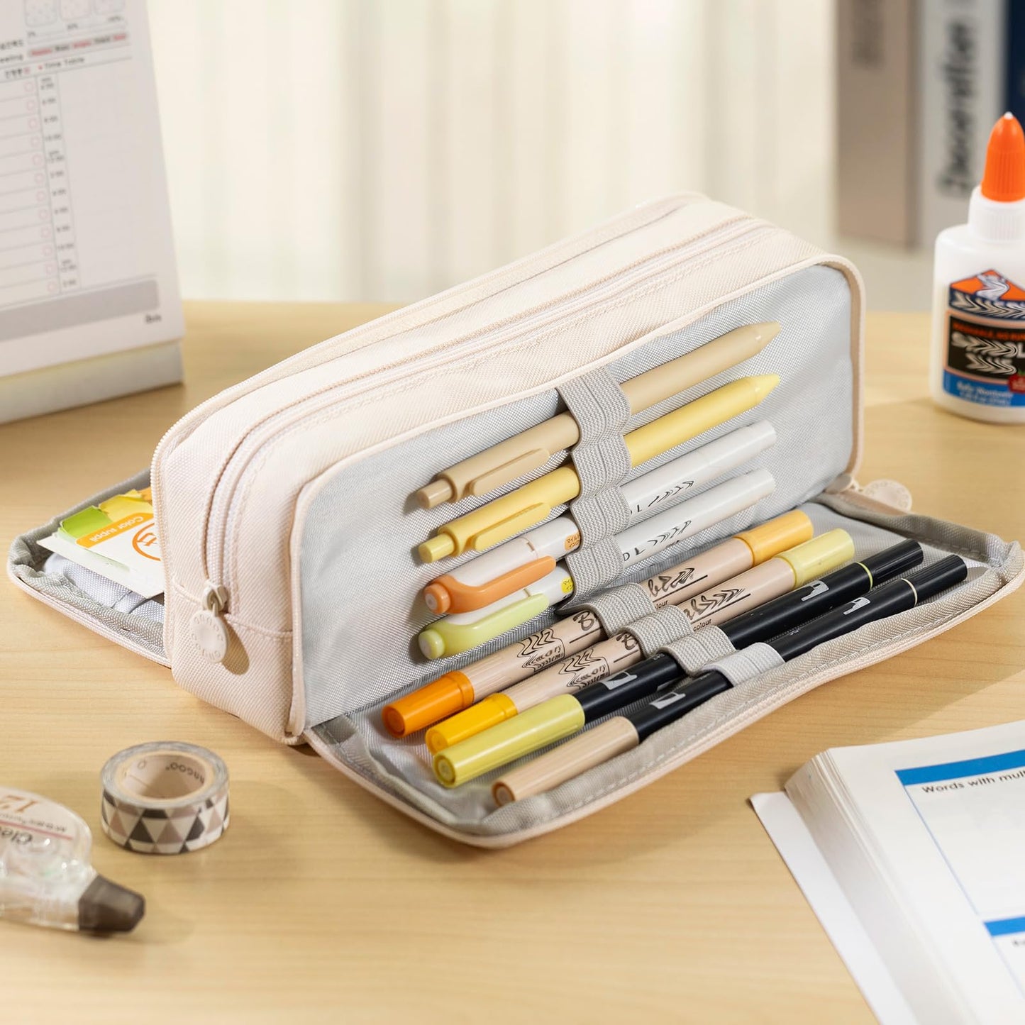 CICIMELON Large Capacity Pencil Case 3 Compartment Pouch Pen Bag for School Teen Girl Boy Men Women (Beige)