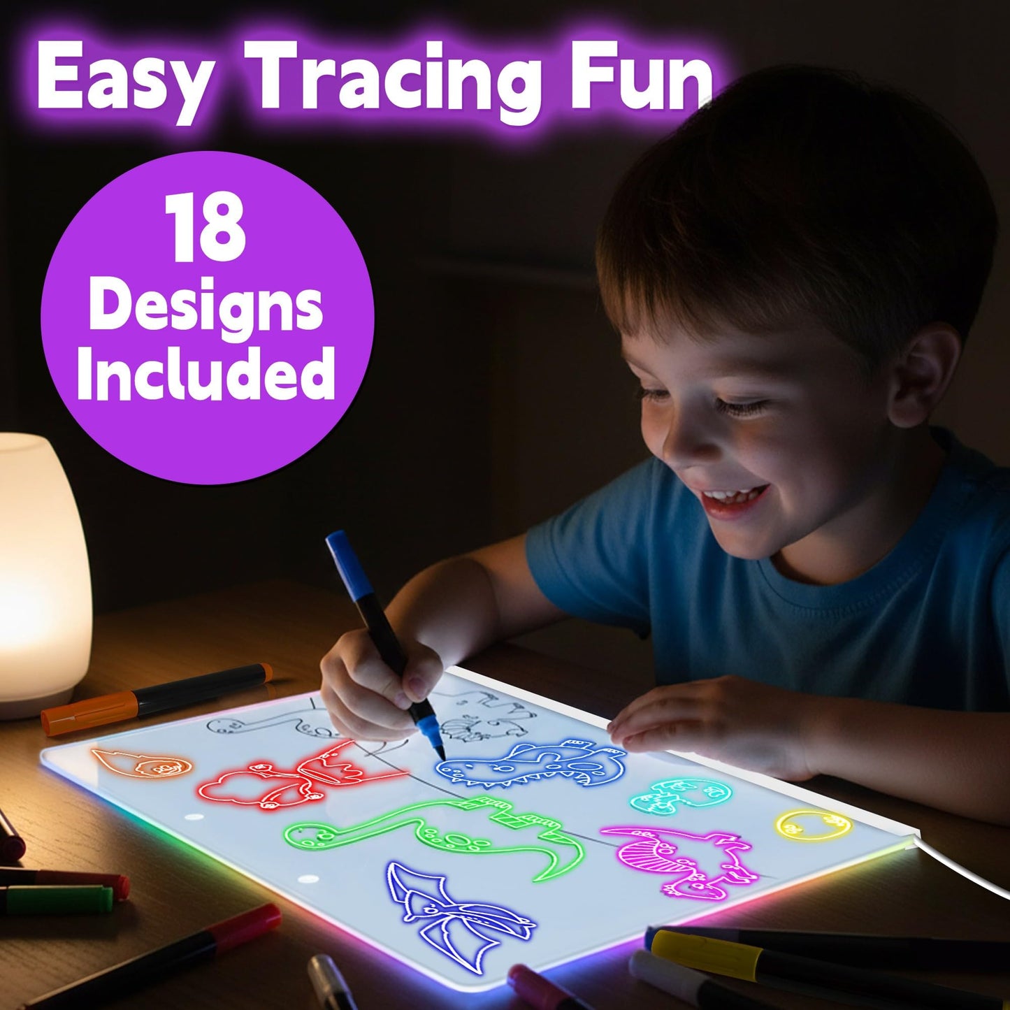 XoBathti 16" LED Drawing Board for Kids - Light Up LED Note Board with Colors & 18 Tracing Stencils, Birthday Gifts for Girls Ages 5-12, Glow Doodle Pad Art Set, 39PCS