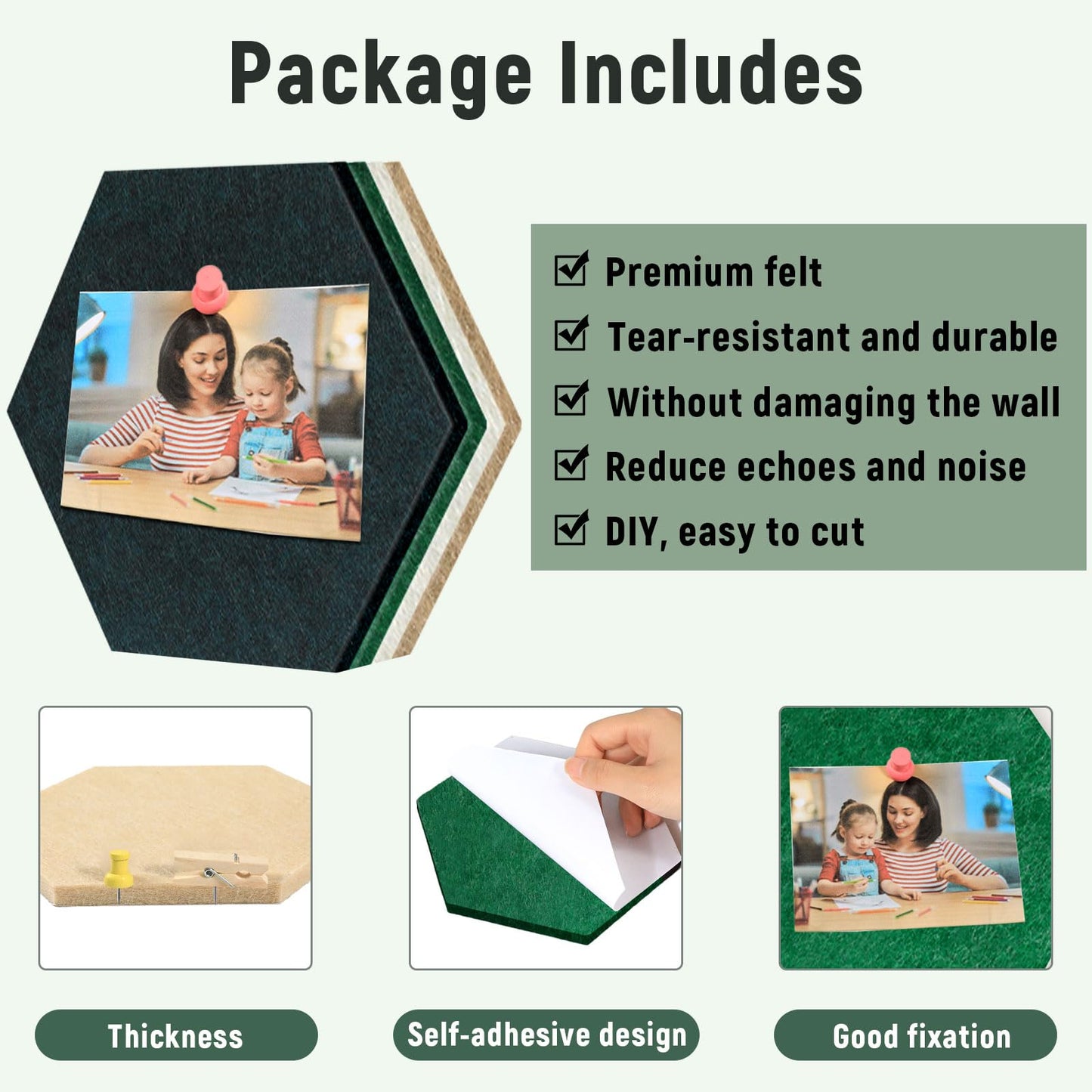 16Pcs Hexagon Felt Cork Board Tiles Self Adhesive Hexagon Wall Tiles with 60 Push Pins 20 Wooden Clips DIY Bulletin Board Pin Boards for School Office Home Photos Memos Display (Green Brown)