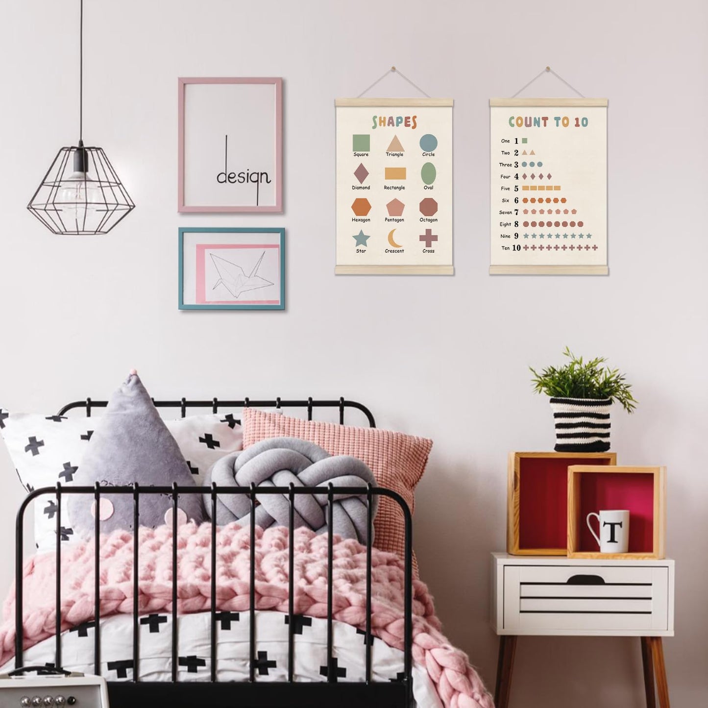 DOI-LANEE Shapes Numbers Posters Hanger Frame, Learning & Educational Posters for Toddler Kids 16x12 Inch, Boho Classroom Decor, Montessori Nursery Wall Art, Set of 2 Playroom Decoration