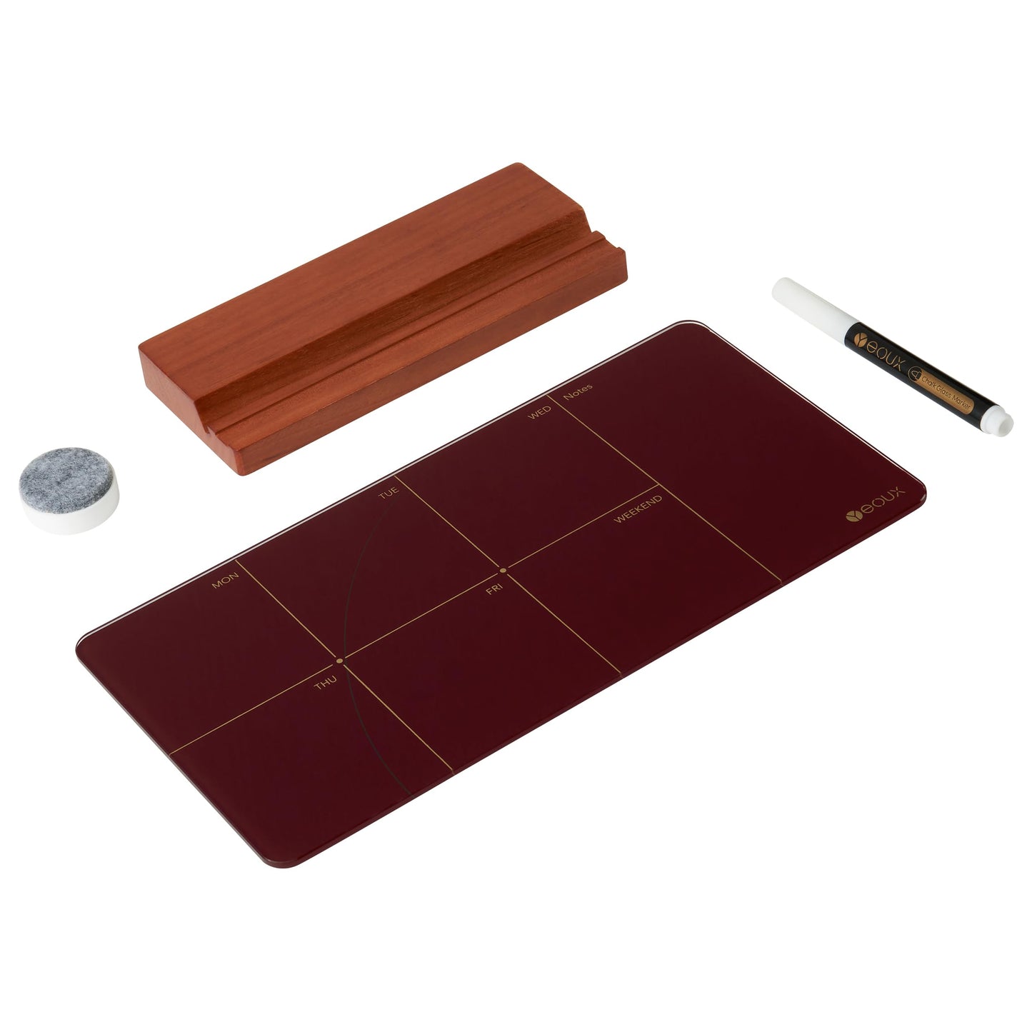 Desk Weekly Glass Dry Erase Board with Detachable Wood Stand, Burgundy Red, Small Desktop Calendar to Do List Planner Whiteboard 12x6 for Office, Home, Schools, Marker&Eraser Included, Yeoux