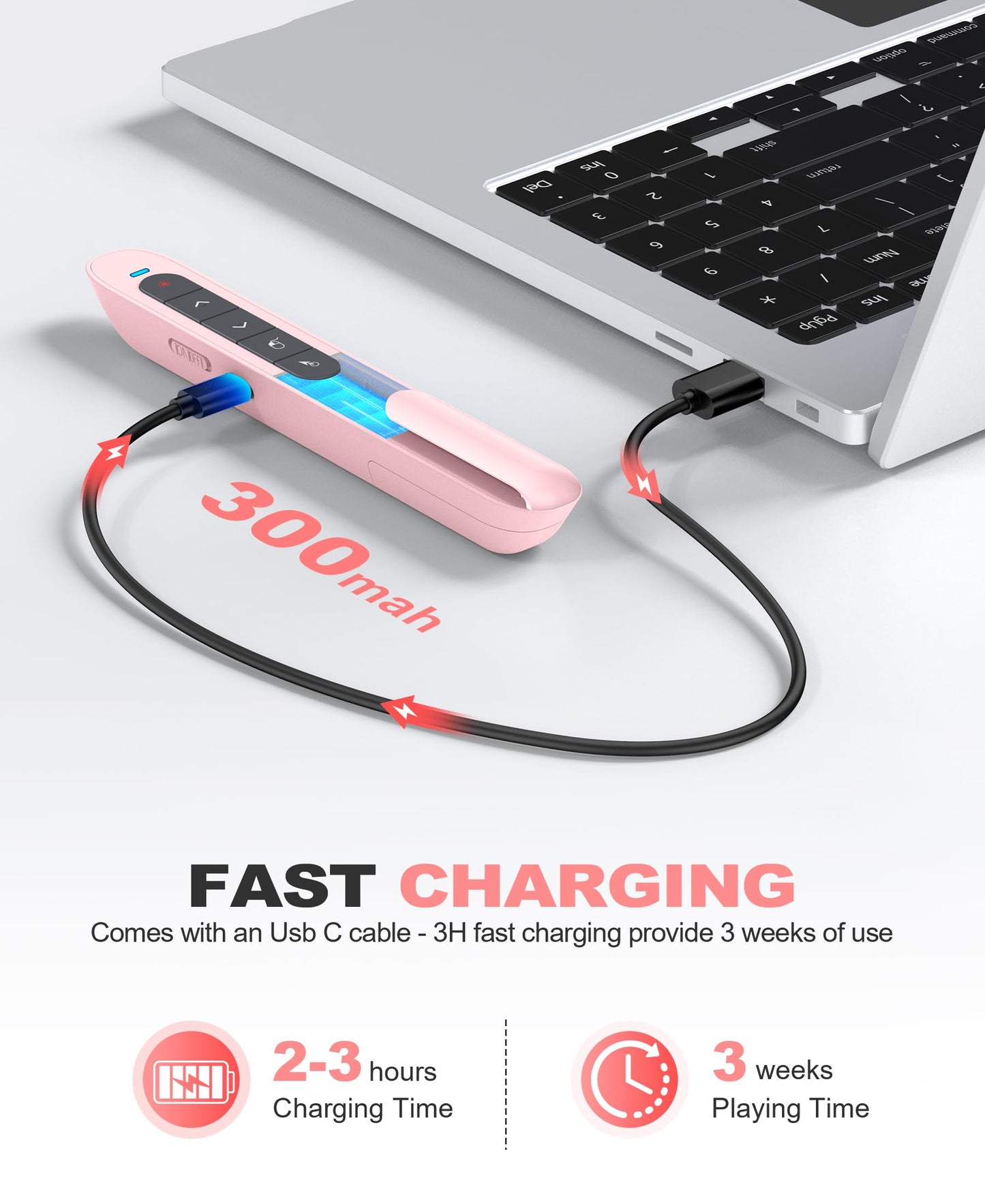 DINOSTRIKE Pink Wireless Presentation Remote with Air Mouse, Rechargeable USB C Slide Clicker Compatible with PowerPoint for Mac and Windows Laptops (2.4GHz)