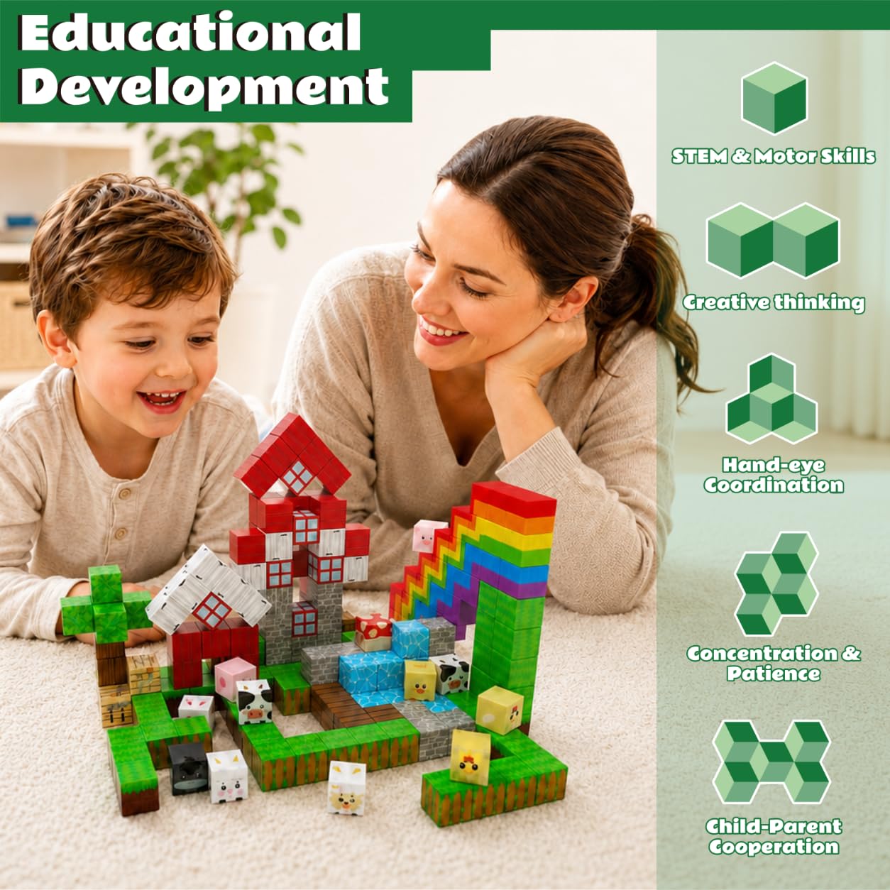 STELLUNE 200PCS Magnetic Blocks with 3 Light Up Pieces, Rainbow Farm Pals Magnetic Building Cubes, STEM Educational Toys for Kids Ages 3+, Ideal Gift for Boys Girls