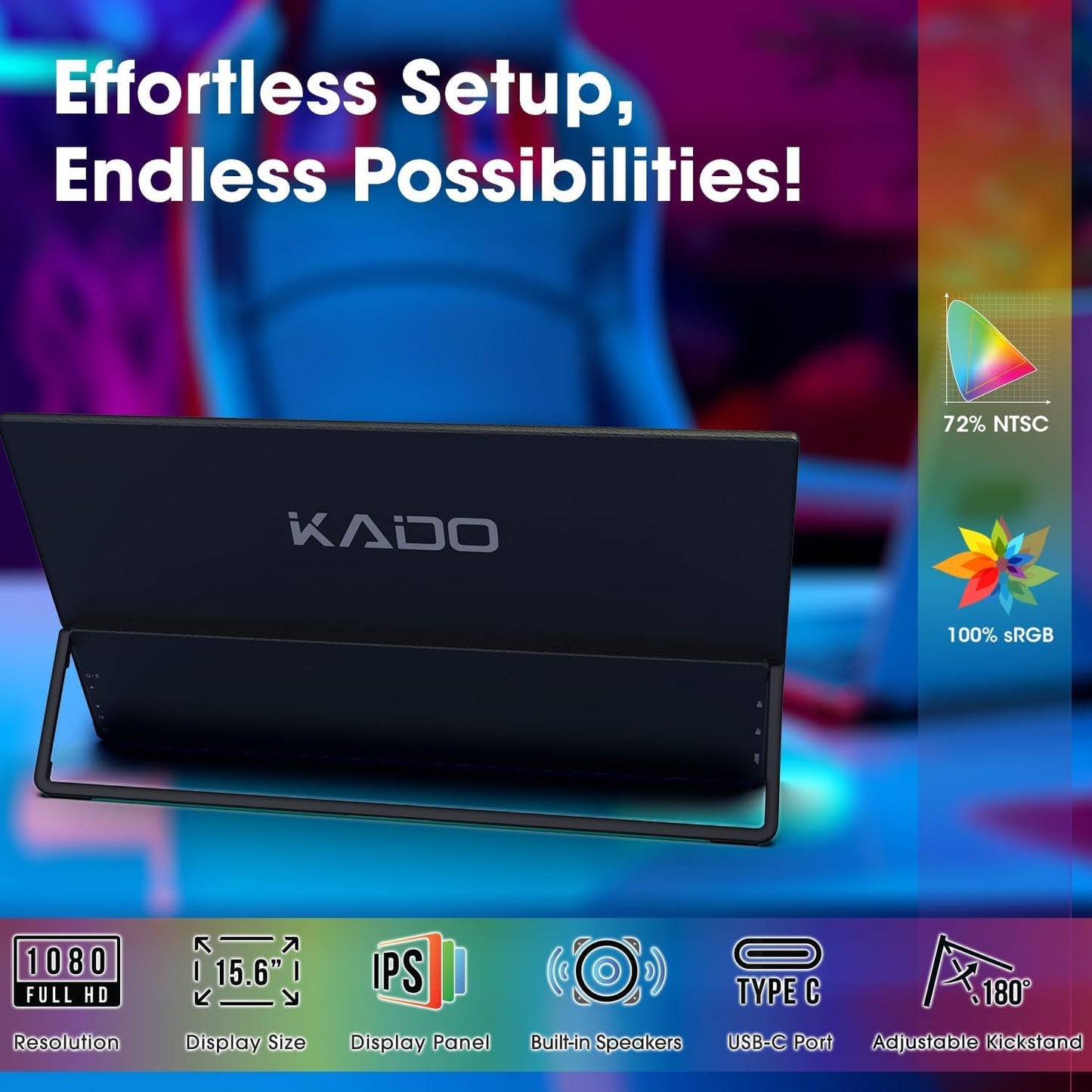 Kado Portable Monitor 15.6'' 1080p, 100% sRGB USB-C HDMI Gaming Monitor Ultra-Slim Display Built-in Speakers, External Monitor 180° Kickstand Wall/Arm Mount for Laptop PC Phone Mac Xbox PS4/PS5 Switch