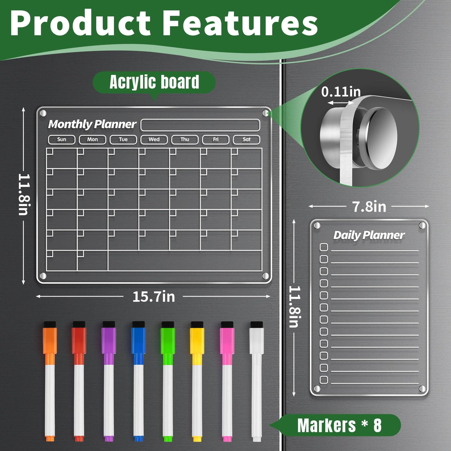 FINDMAG 4 Pack Acrylic Calendar for Fridge, 2026 Magnetic Calendar for Refrigerator, 16"x12" Dry Erase Whiteboard Planning Board Monthly Weekly Wall Fridge Calendar Board Menu Planner with 8 Markers