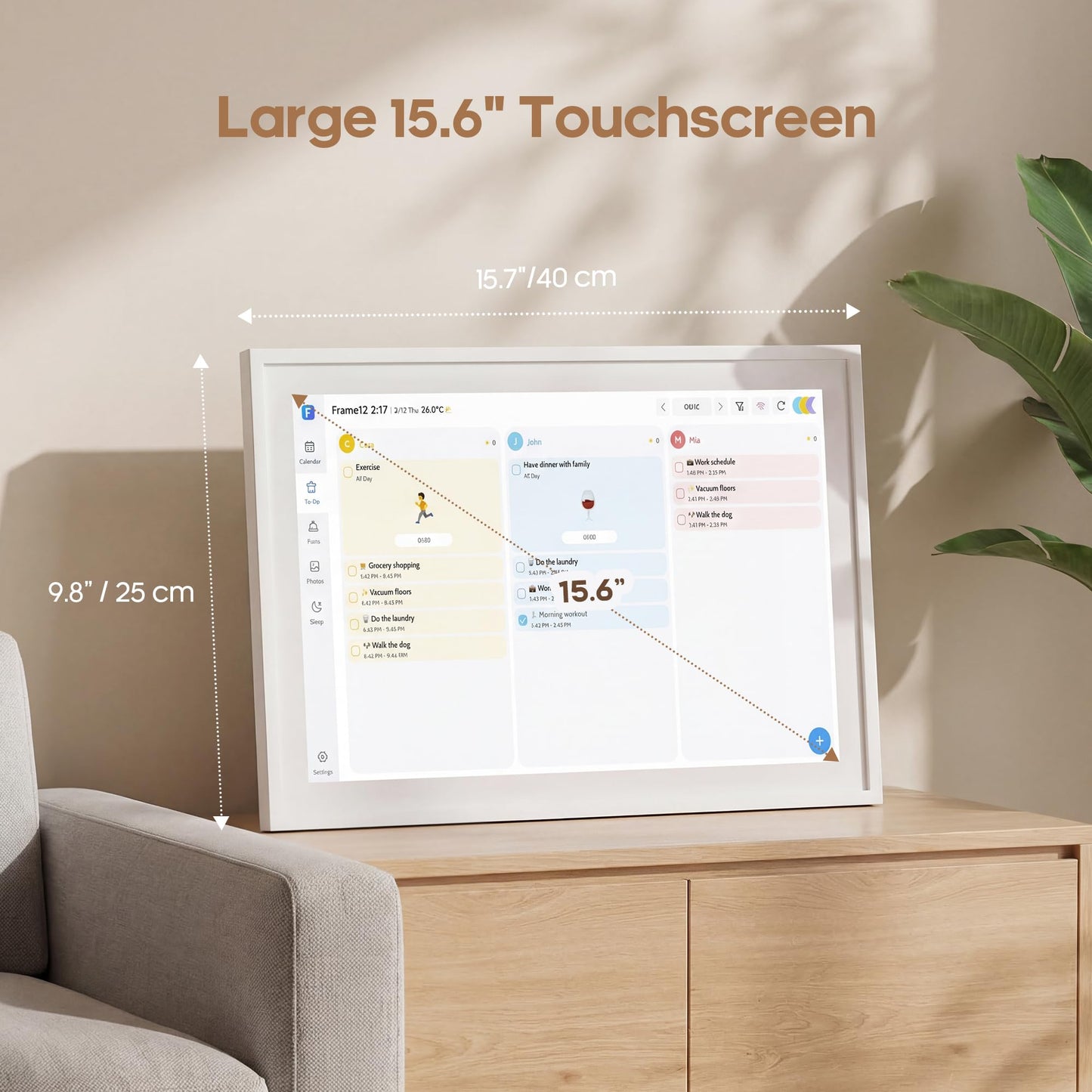 Fenbeli 15.6 Inch Smart Digital Calendar & Family Wall Planner, No Subscription, 6-App Two-Way Sync, Chore Chart Meal Planner Photo Frame, Full HD IPS Touchscreen 32GB, Desk & Wall Mount