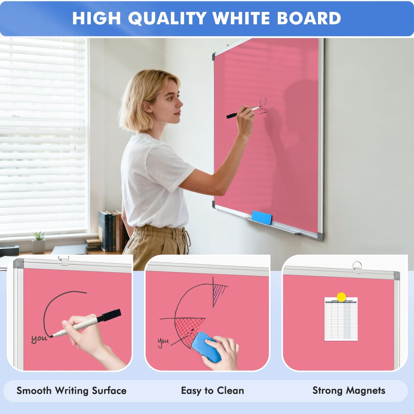 WALGLASS Magnetic Whiteboard 24"x18" Dry Erase White Board for Walls with Pen Tray, Aluminium Frame and Dry-Wipe Writing Surface for Drawing, Home, and Office (Pink)