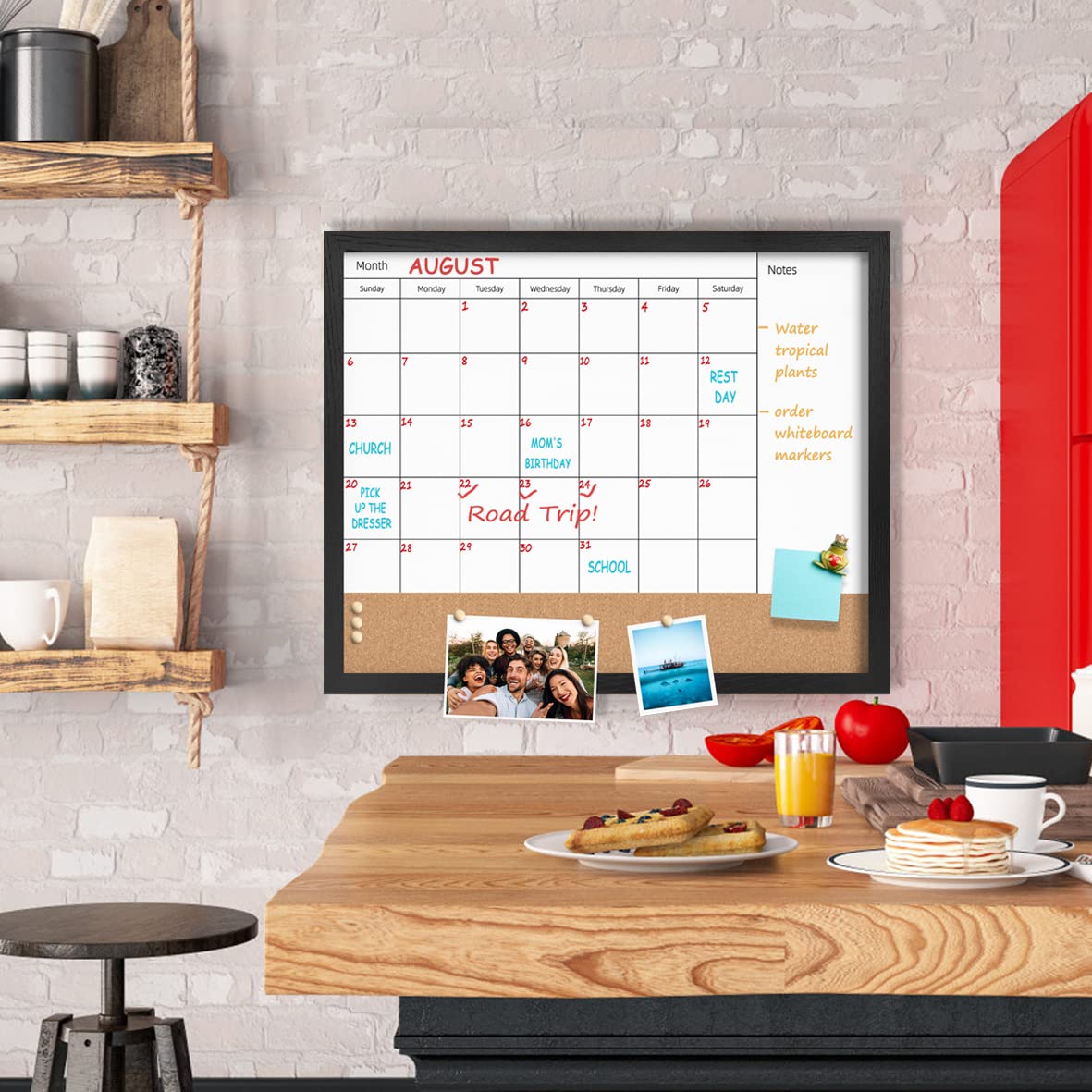 Dry Erase Calendar Whiteboard for Wall, 17.7" x 21.6" Combination Magnetic Dry Erase White Board & Bulletin Board, Black Frame Calendar/Cork Combo Board (BK-4555-B)