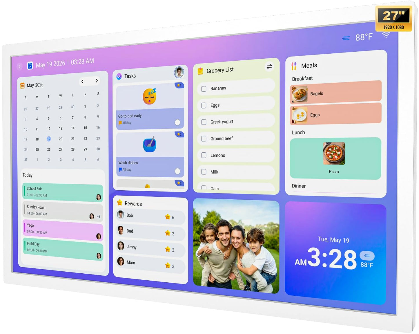 27" Smart Digital Calendar for-Family-Meal-Planner - Electronic Wall Calendar for Business Chore Chort, HD Touchscreen Display, Star Rewards, Sync Online Calendars, Desk Mountable, Gifts for Mom Dad