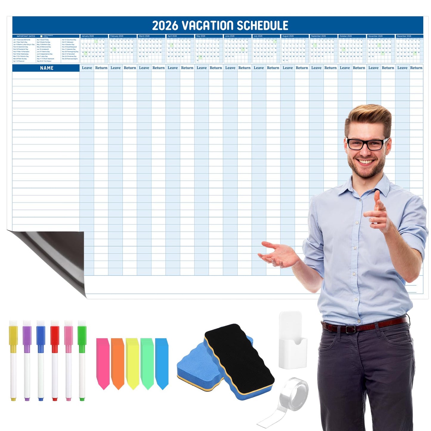 Lincia Large Magnetic 2026 Full Yearly Vacation Board Schedule Dry Erase Wall Planner Calendar Reusable Project Office Whiteboard 24" x 36" Vacation Calendar for Management, Planning, Organizing
