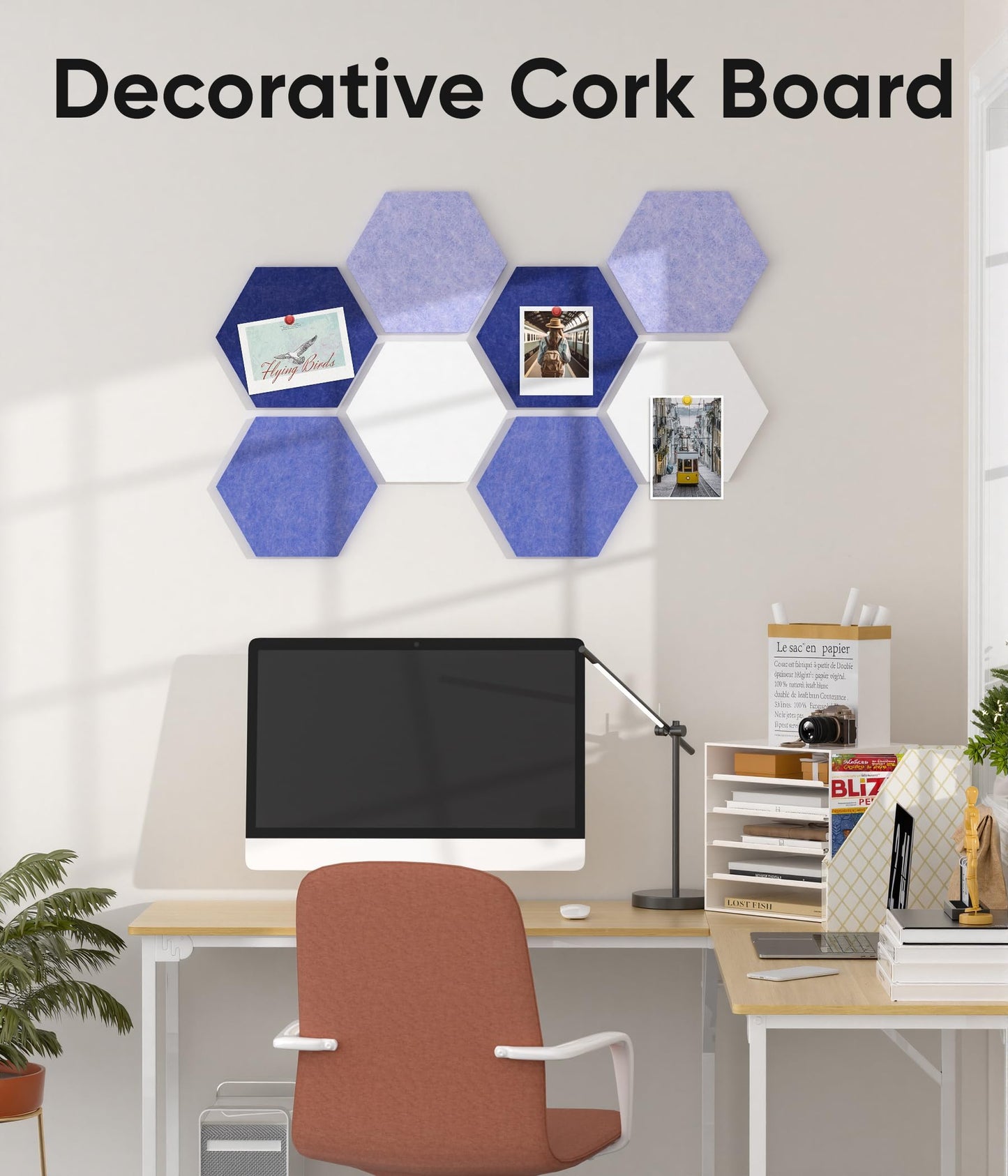 Toptople 12 Inch Large Hexagon Cork Board for Walls, 8 Pack Felt Bulletin Board Tiles, Pin Board with Push Pins for Office Photo and Note, Denim Blue