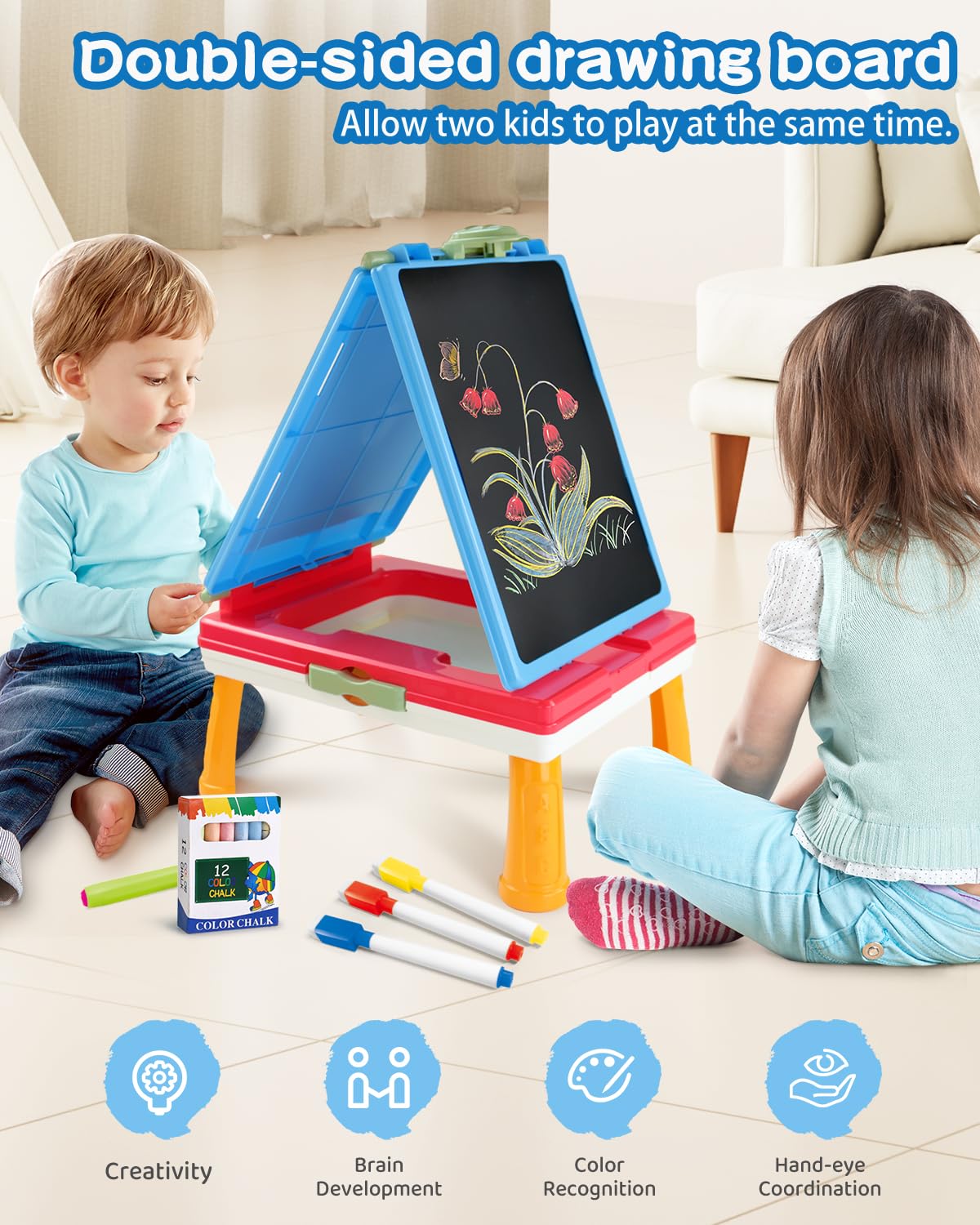 Elovien Easel for Kids, 4 in 1 Double Sided Toddler Art Easel with Chalkboard & Magnetic Whiteboard, Foldable Kids Tabletop Easel with Drawing & Writing Accessories - Gift for Boys and Girls (Blue)