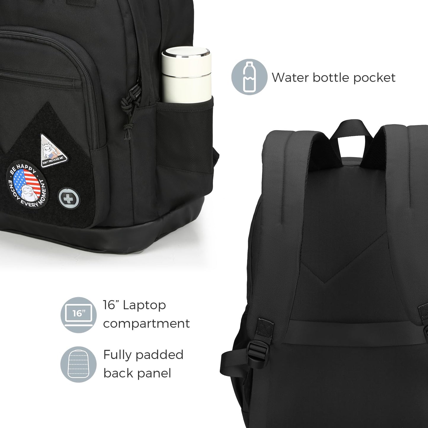 Swissdigital Design Big Student Laptop Backpack with Fun Personalized Patches For College Boy & Girl, Middle High School Teen Bookbag Cool Travel Daypack Black- Includes 3 Patches | SD1718-01