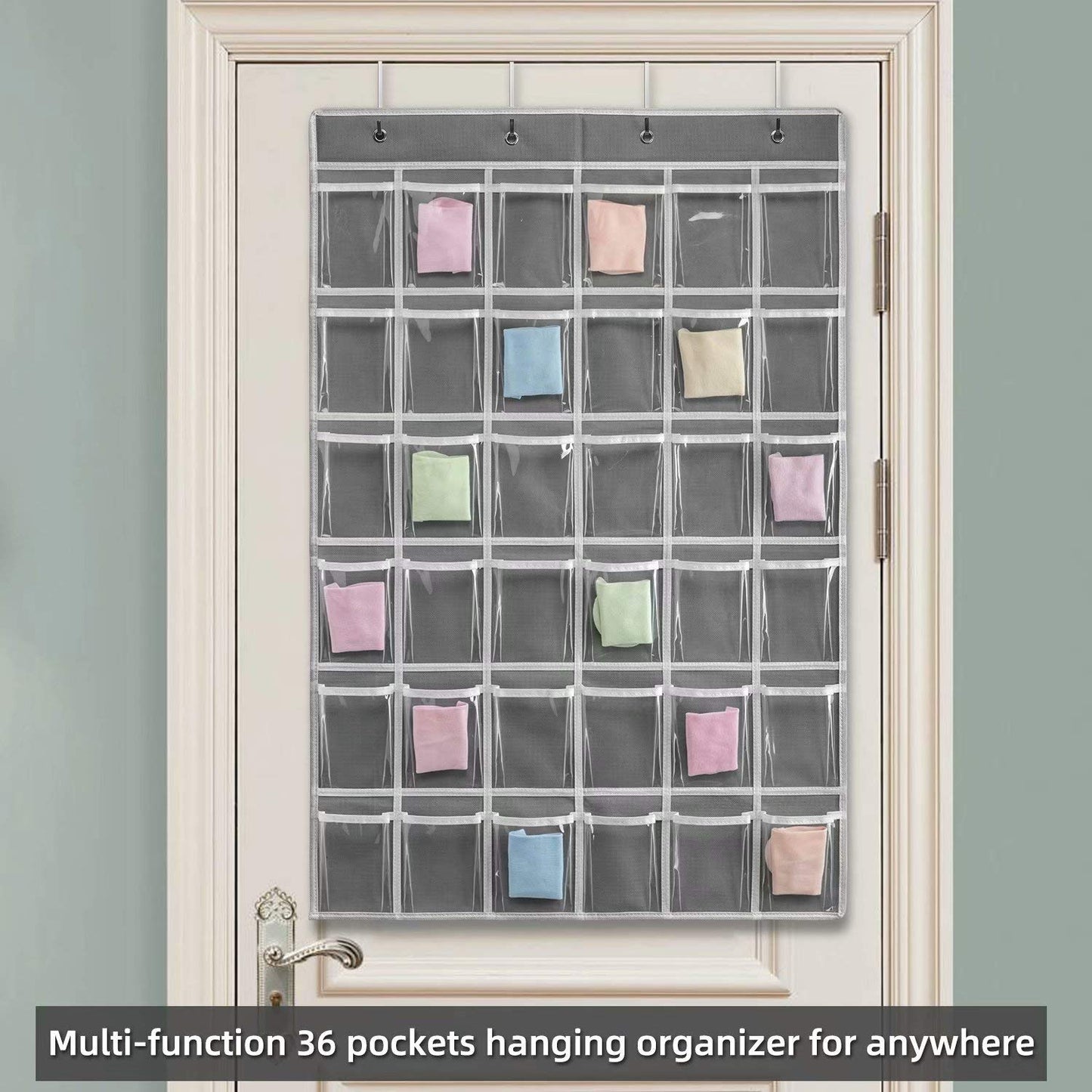 SAVERHO 36 Clear Pockets Classroom Pocket Chart for Cell Phones and Calculator Holder, Pocket Chart for Classroom Phone Holder with Number Stickers and Hooks (Grey)