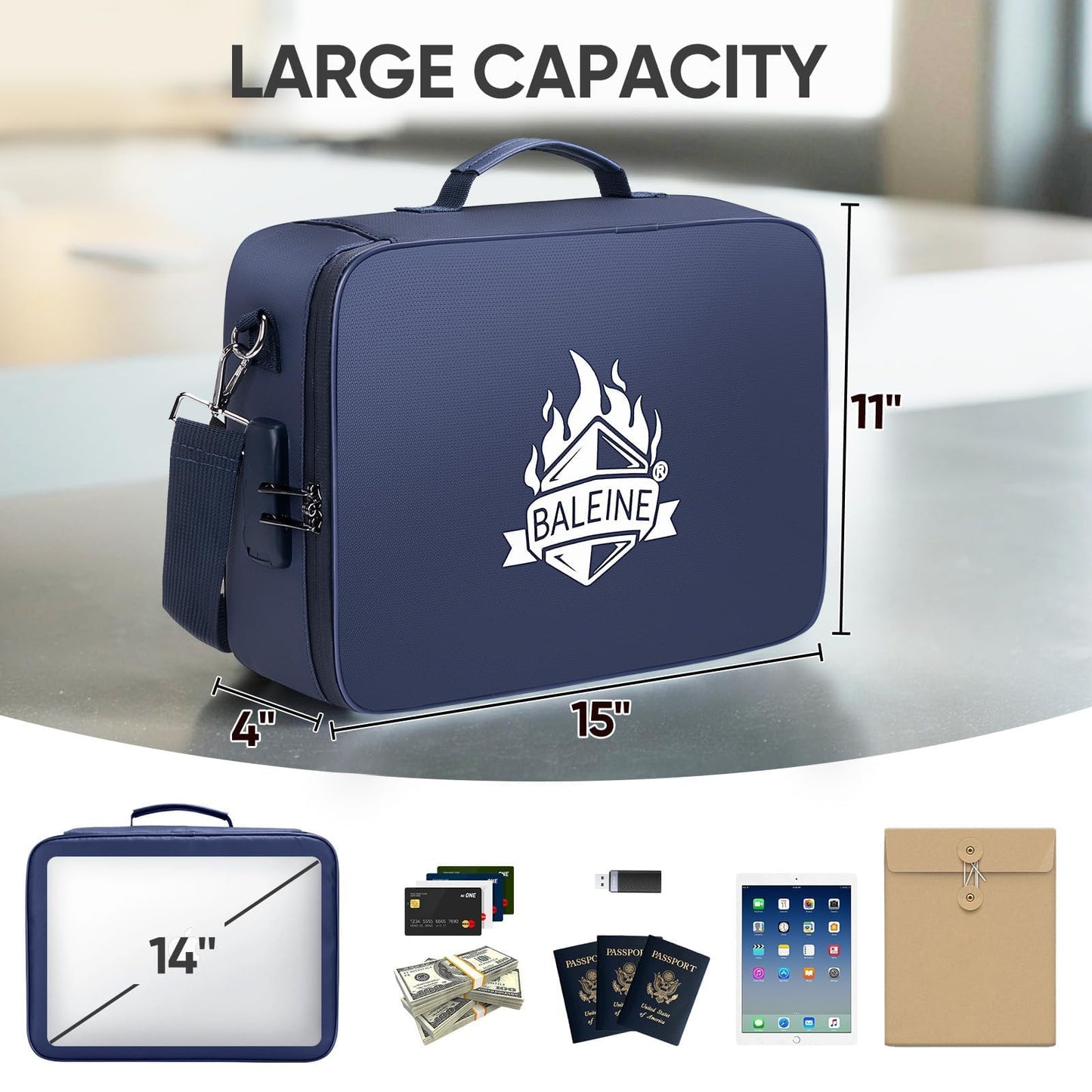 BALEINE Fireproof Document Box with Lock, Portable Fireproof Document Bag Waterproof Fire Proof File Boxes for Documents, File Organizer Box for Important Paperwork (Blue, 15''x11''x4'')