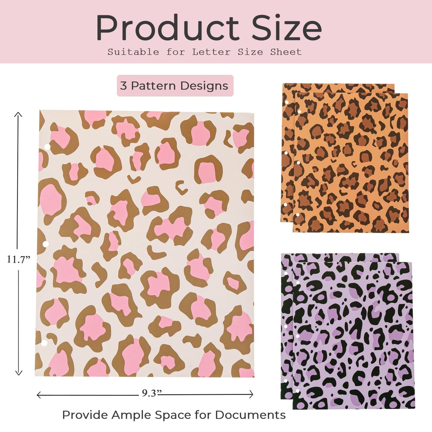 Beramon 6 Pack 2 Pocket Folders, Letter Size 3-Hole Punched Folders for 3 Ring Binders, Cute Cheetah Print School & Office File Folders
