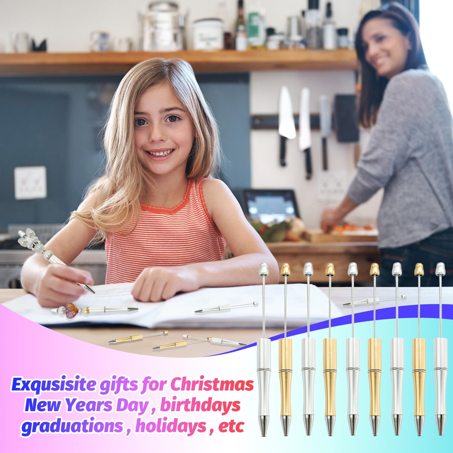 DASTTUIS 150 Pieces DIY Beadable Pen Kit – 50 Plastic Ballpoint Pens with Refills & Bags – School Supplies, Office Accessories & Decorative Items for Students & Teachers (Silver and Gold)