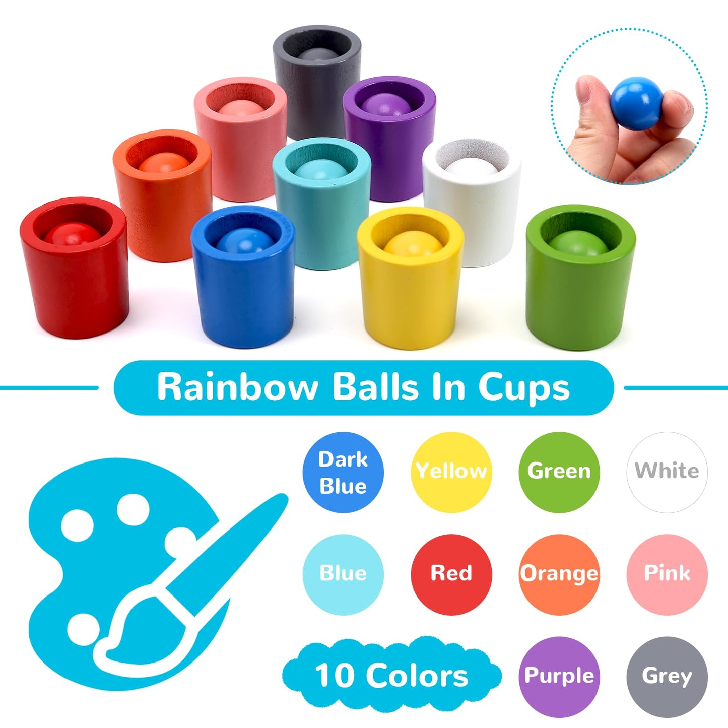 ASFHJP 10 PCS Rainbow Balls in Cups, Mini Wood Classification Cup Game, Rainbow Sorting Balls with Spoon and Tongs, Preschool Learning Educational Montessori Matching Games for 3+ Year Old
