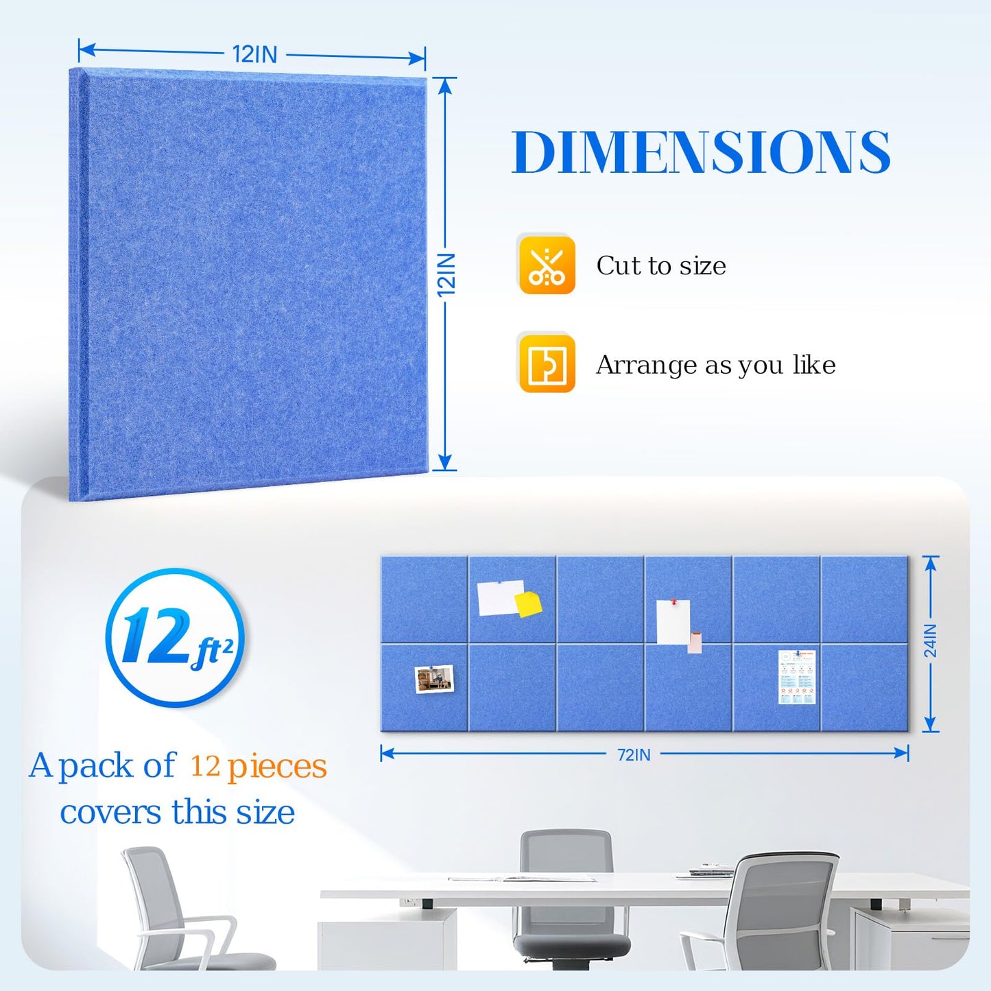 DOLLAR BOSS Large Cork Board for Wall 48" x 36" x 0.5" Bulletin Board 12 Packs Corkboard Tiles Self Adhesive Felt Wall Tiles for Office Home School, Blue