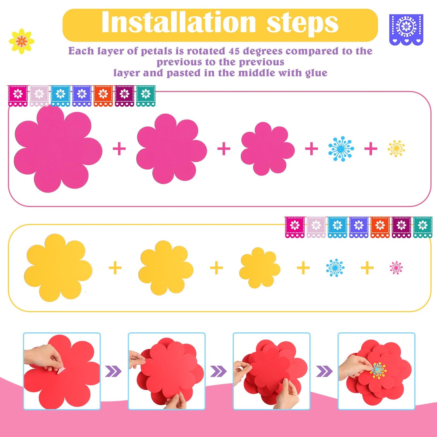 Mooliwe Paper Flowers Decorations for Wall DIY 3D Paper Bulletin Board Mexican Flowers Backdrop Decoration for Classroom Back to School Holiday Party(Classic,10 Set)