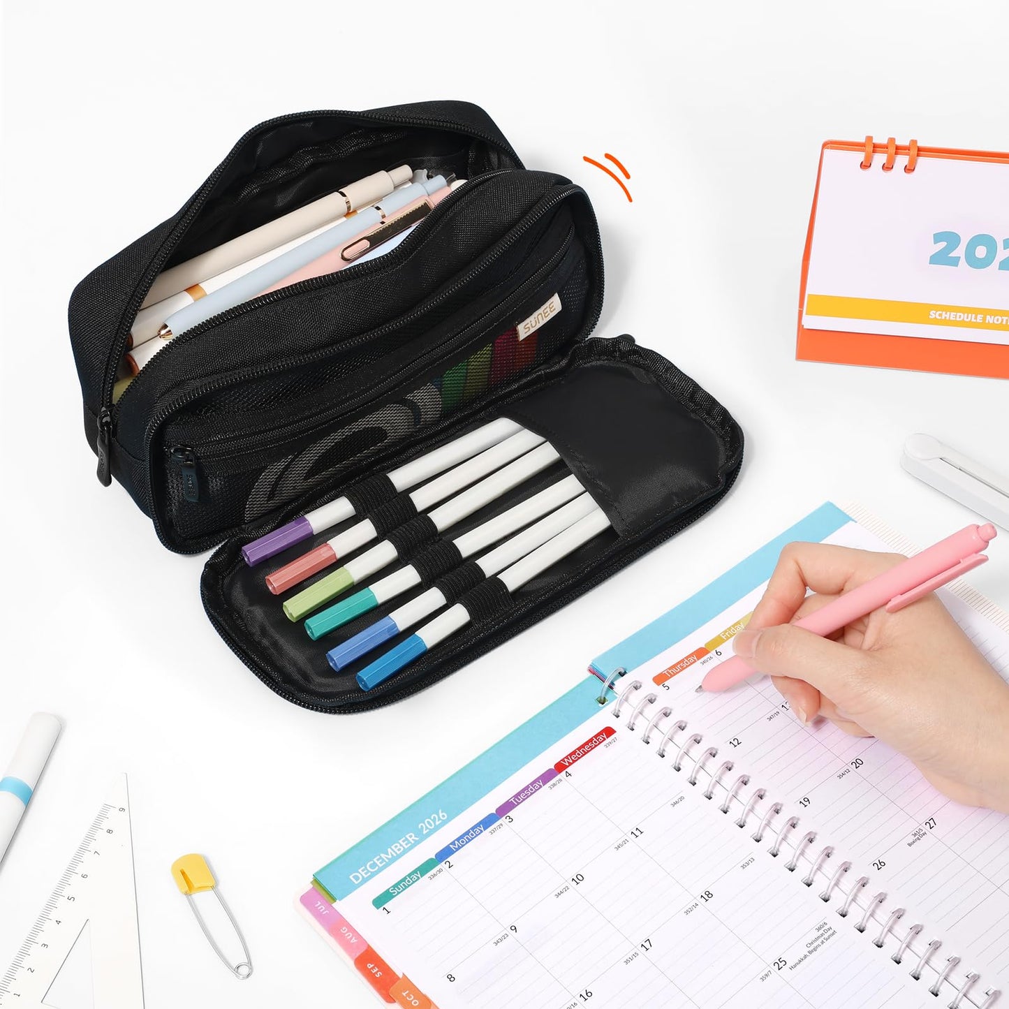 SUNEE Pencil Case, Large Capacity Pencil Pouch, Extra Big Pencil Bag with 6 Compartments, 900D Oxford Pencil Box for Office Stationery Organizer, School Supplies for Teen Boys Girls Women Men, Black