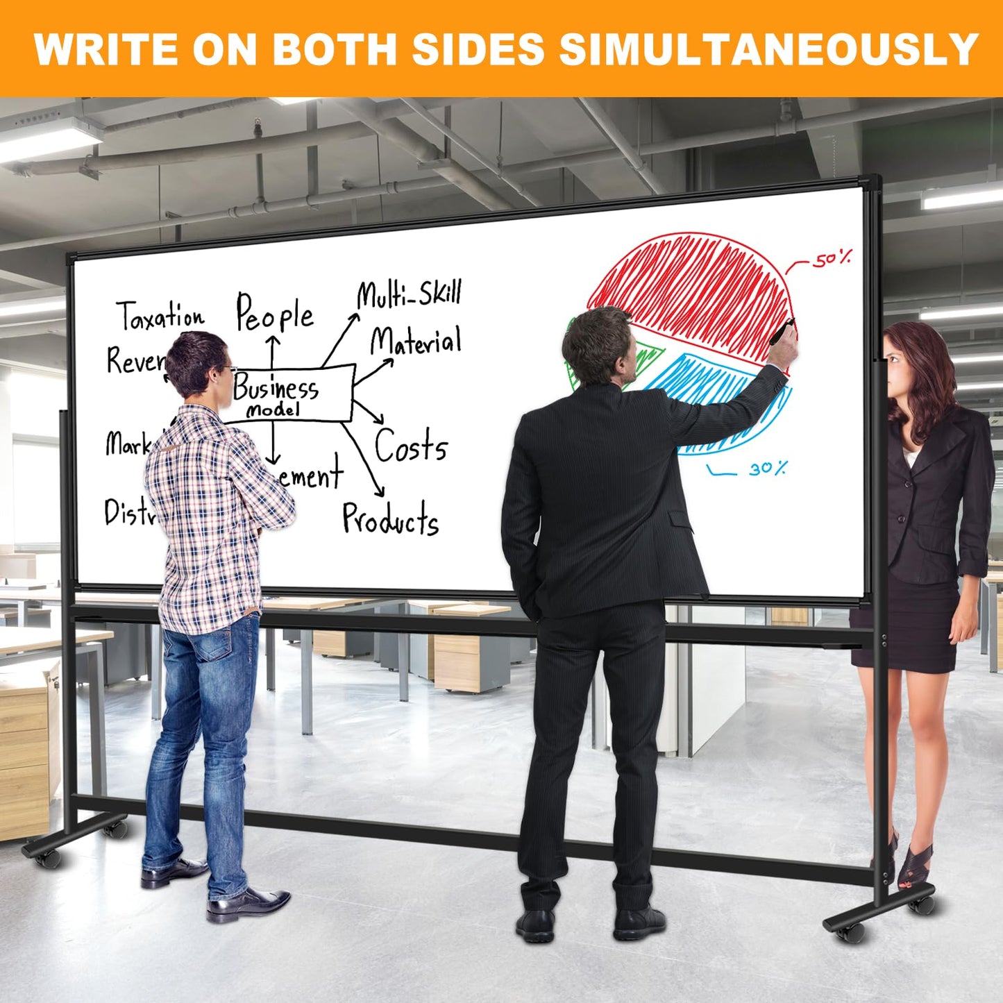 Large Magnetic Rolling Whiteboard on Wheels, 96 x 48 Inches, Double-Sided Mobile White Board with Stand, 8' x 4' Dry Erase Board with Stand for Office, School, Home, 3 Eraser, 6 Markers, 24 Magnets