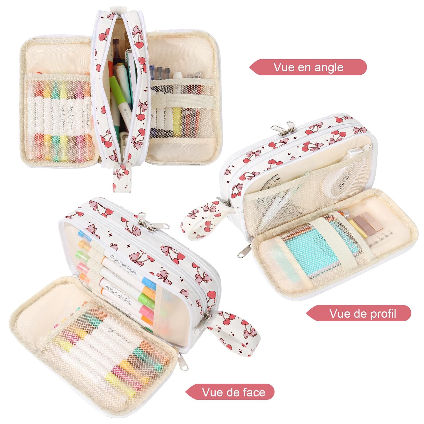 BuyCard Large Capacity Pencil Case, White With Pink Cherry Pattern, Corduroy Pencil Bag with Zipper Closure, Graduation Gift Office Stationery Storage Pen Pouch for Classroom Teacher