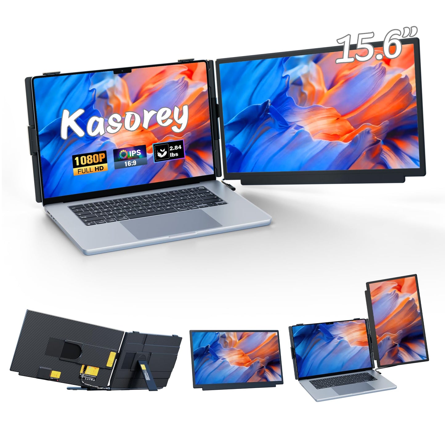 kasorey Laptop Screen Extender, 15.6" FHD 1080P Detachable Laptop Monitor Extender for 13-17.3" Laptop, Plug-Play Portable Laptop Extended Monitor, Slim 0.27'' Travel Monitor for Wins/Mac/Android/PS5