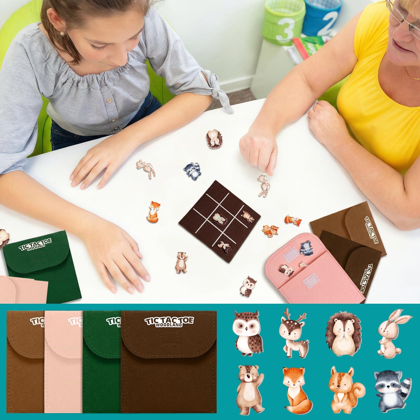 JolliLudo 24 Set Tic Tac Toe Game Pack Woodland Animals Jungle Party Favors Felt Safari Goodie Bags Stuffers Baby Educational Toys Board Game with Envelopes for End of Year Students Classroom Prizes
