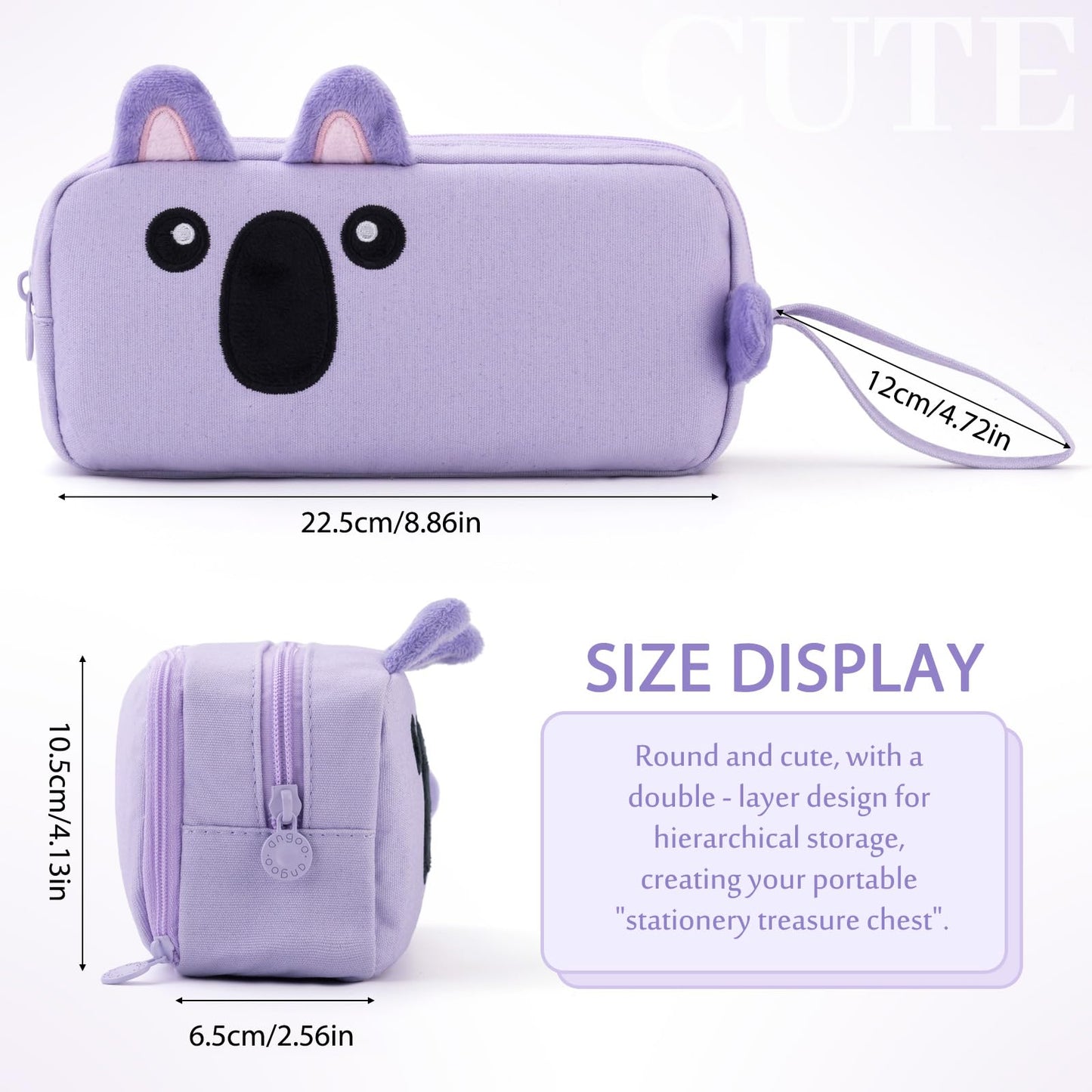 CICIMELON Cartoon Pencil Case, Large Capacity Pen Pouch with Embroidered Animal Design, School Supplies Bag for Kids, Teens, Students (Purple Koala)