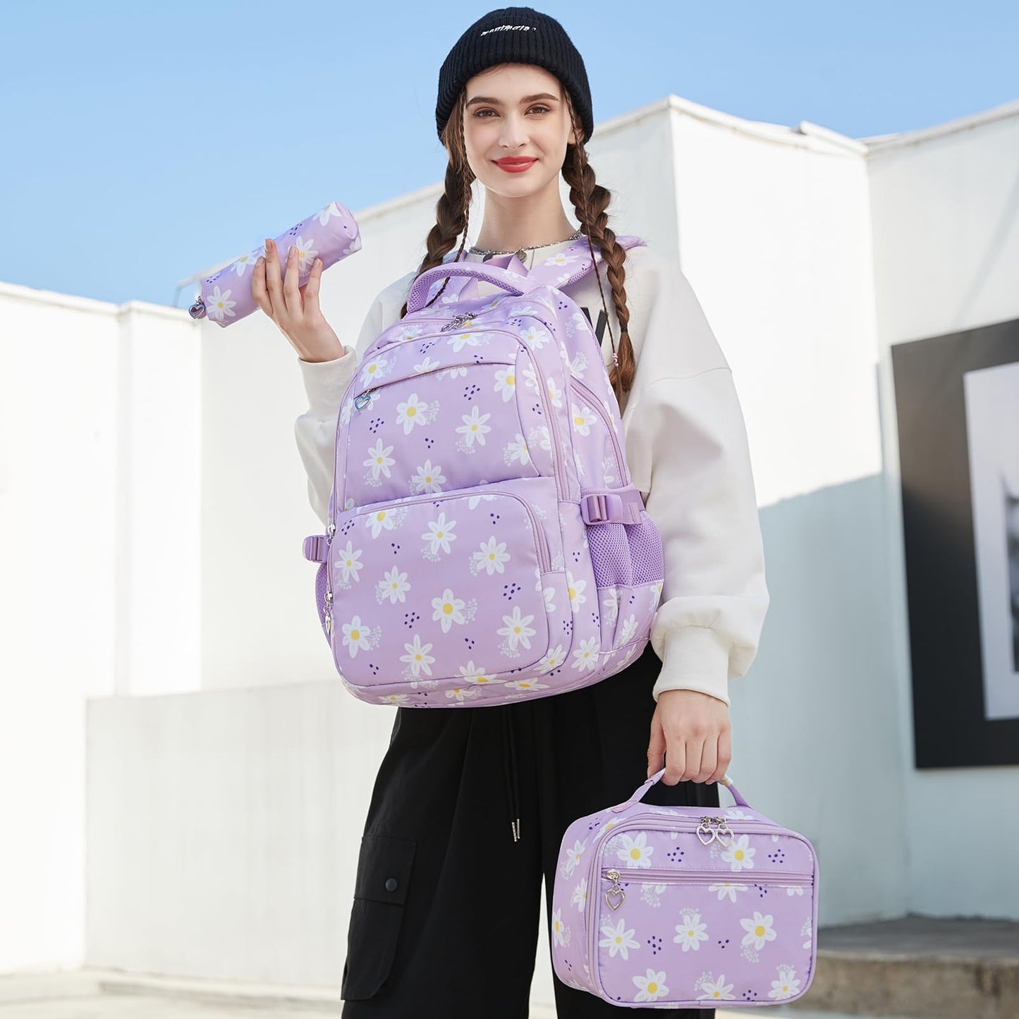 Sugaroom Daisy Prints School Backpack for Girls Backpack with Lunch Box Lightweight Water Resistant Kids Backpack Elementary Primary Middle School Bags Bookbags Set