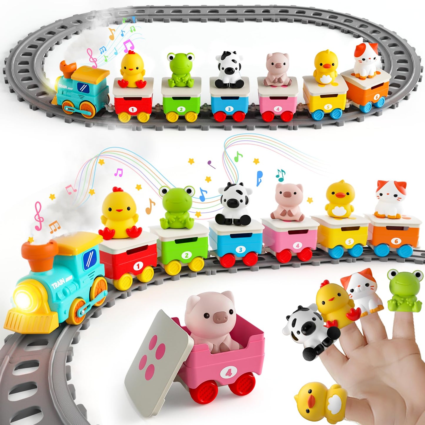 Toddler Toys for 1 2 3 Year Old, Electric Farm Animal Train Set with Music, Lights & Steam, Montessori Counting, Matching & Sorting Learning Toys, Christmas Birthday Gifts for Baby Boys Girls 18M+