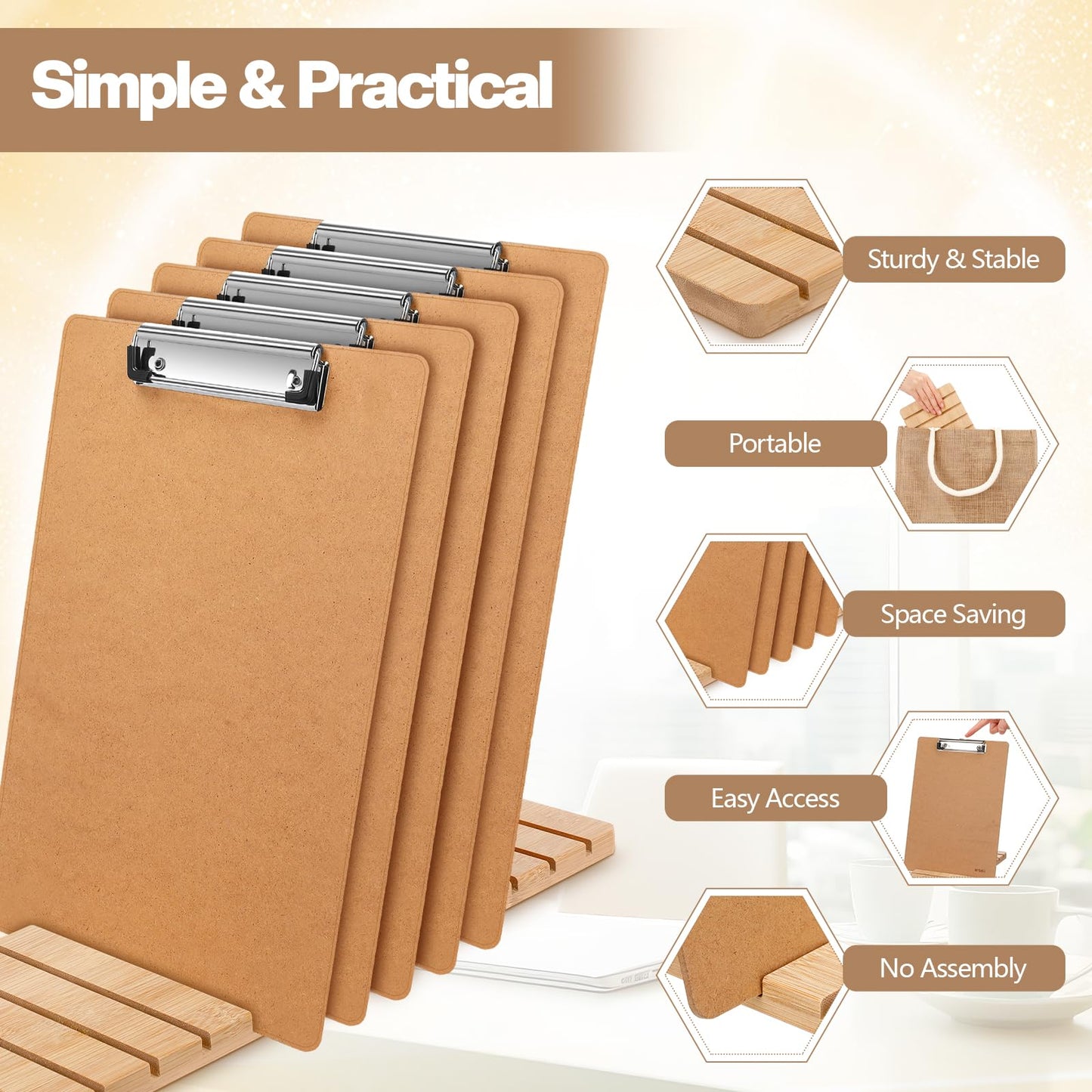 Chunful Bamboo Clipboard Holder 12 Slots Clipboard Organizer 5.9 x 15.7'' Storage Rack Document Typing Paper Stand Menu Display Receipt Holder for Classroom Office School Teacher No Assembly Required