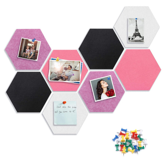 8 Packs Hexagon Felt Pin Board, 12" Bulletin Board with 30 Push Pins, Felt Board for Home Kitchen Office Decor, Self-Adhesive Corkboard Tiles for Walls School Message Photos Memos-Black White Pink