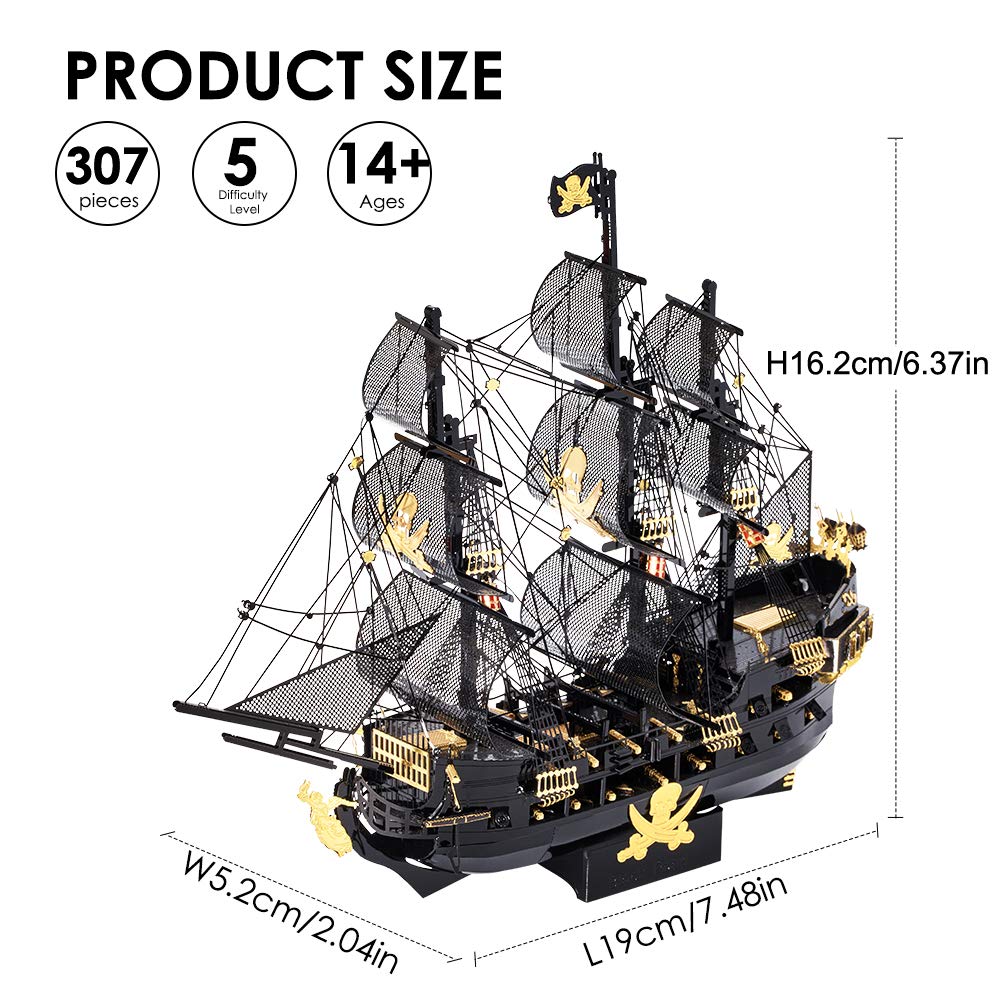 Piececool 3D Puzzles for Adults, Black Pearl Pirate Ship Metal Model Kits, 3D Watercraft Model Building Kit, DIY Craft Kits for Family Time, Great Christmas Gifts, 307Pcs