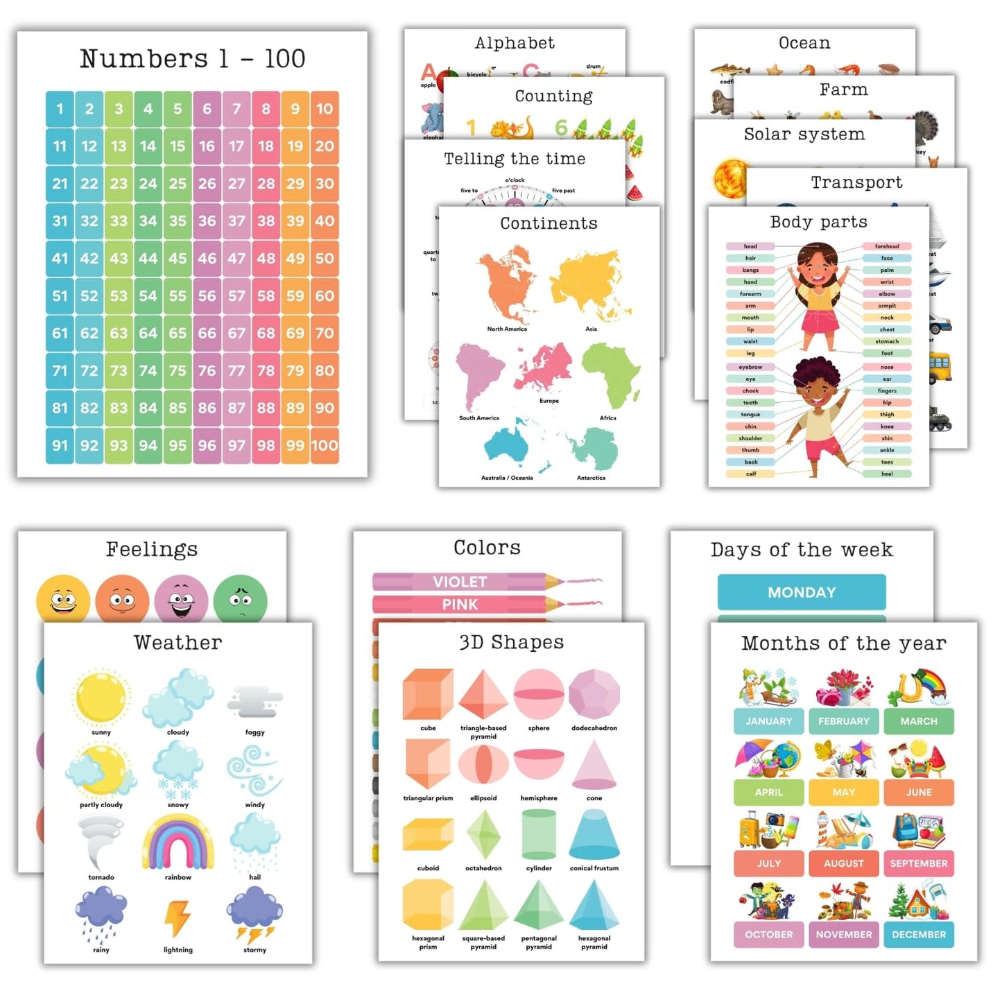 Educational Preschool Learning Posters,Alphabet ABC Posters for Toddlers Classroom Playroom Wall Decor,Counting Chart for Kindergarten,Pre K Learning Poster for Toddlers 1-3 Homeschool Supplies