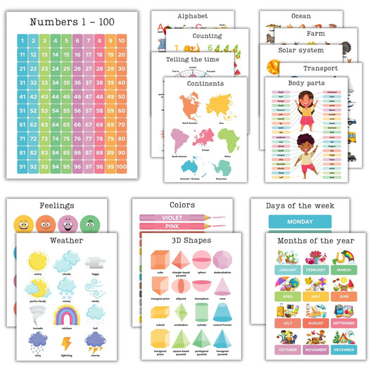 Educational Preschool Learning Posters,Alphabet ABC Posters for Toddlers Classroom Playroom Wall Decor,Counting Chart for Kindergarten,Pre K Learning Poster for Toddlers 1-3 Homeschool Supplies