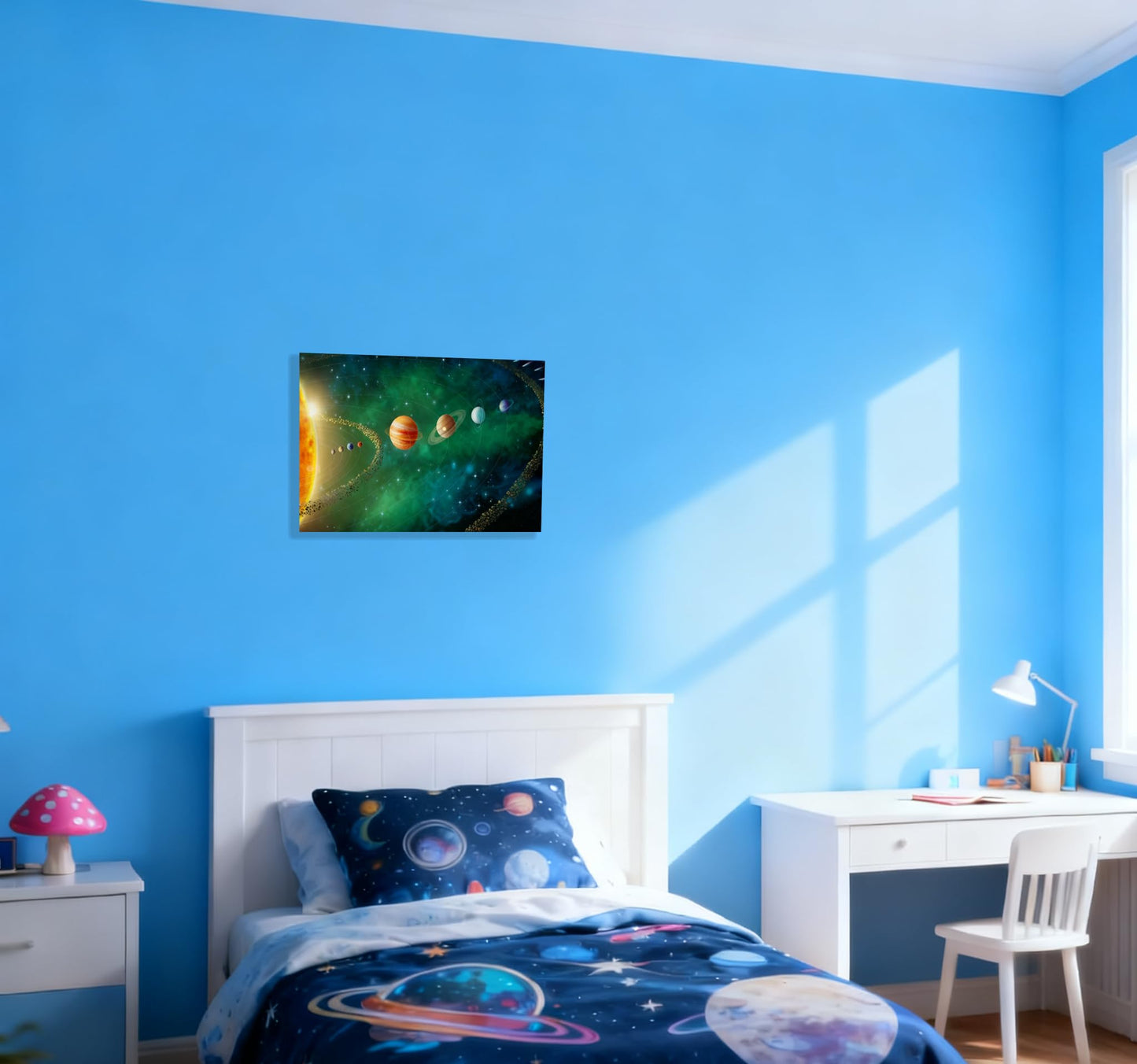 12x16 Framed Solar System Space Canvas Wall Art Green Galaxy Planets Astronomical Decor Kids Bedroom Cosmic Wall Pictures Teen Boy Room Universe Galaxy Poster Child Office Study Room Art Prints