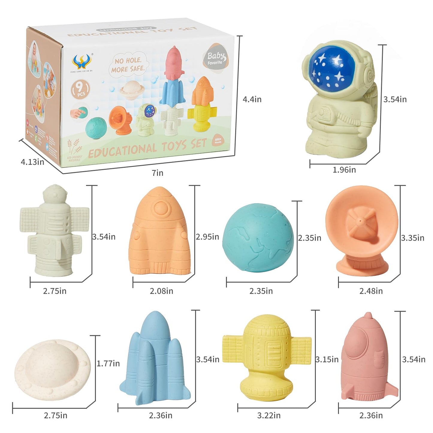 AMCHSURI Mold-Free & No Holes Bath Toys 9 Pack | Safe Astronaut & Rocket Ship Toys for Babies 6-12M & Toddlers 1-3Y | Bathtub Pool Float Toys for Boys Girls