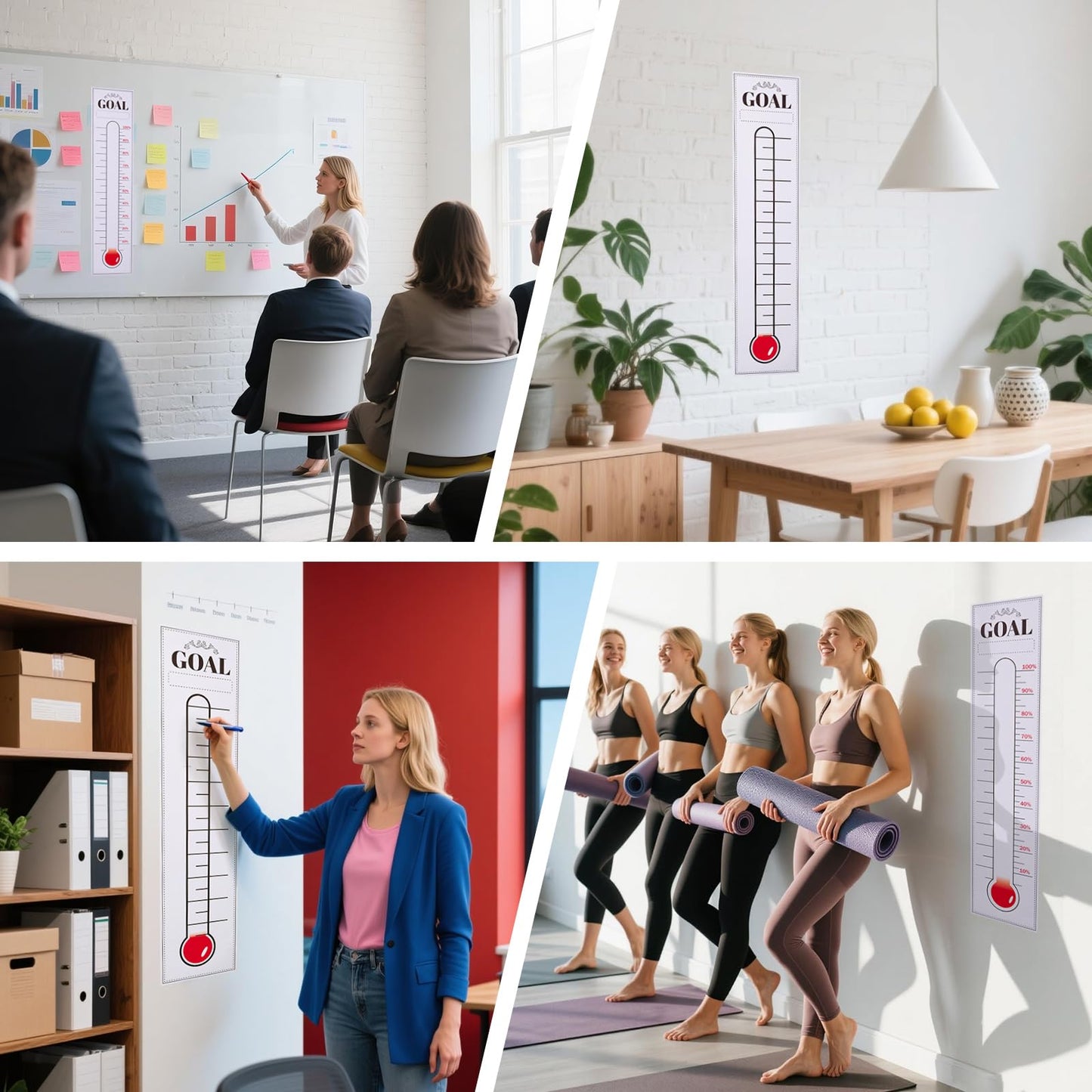 Goal Setting Fundraising Thermometer - 2 Pcs 48" x 11" Dry Erase Self-Adhesive Goal Tracker: Ideal for Charities, Non-Profit, Community & Office Fundraisers, Events & Projects