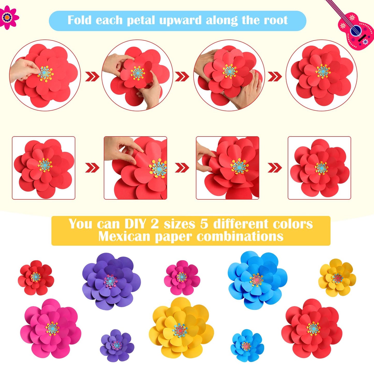 Mooliwe Paper Flowers Decorations for Wall DIY 3D Paper Bulletin Board Mexican Flowers Backdrop Decoration for Classroom Back to School Holiday Party(Classic,10 Set)