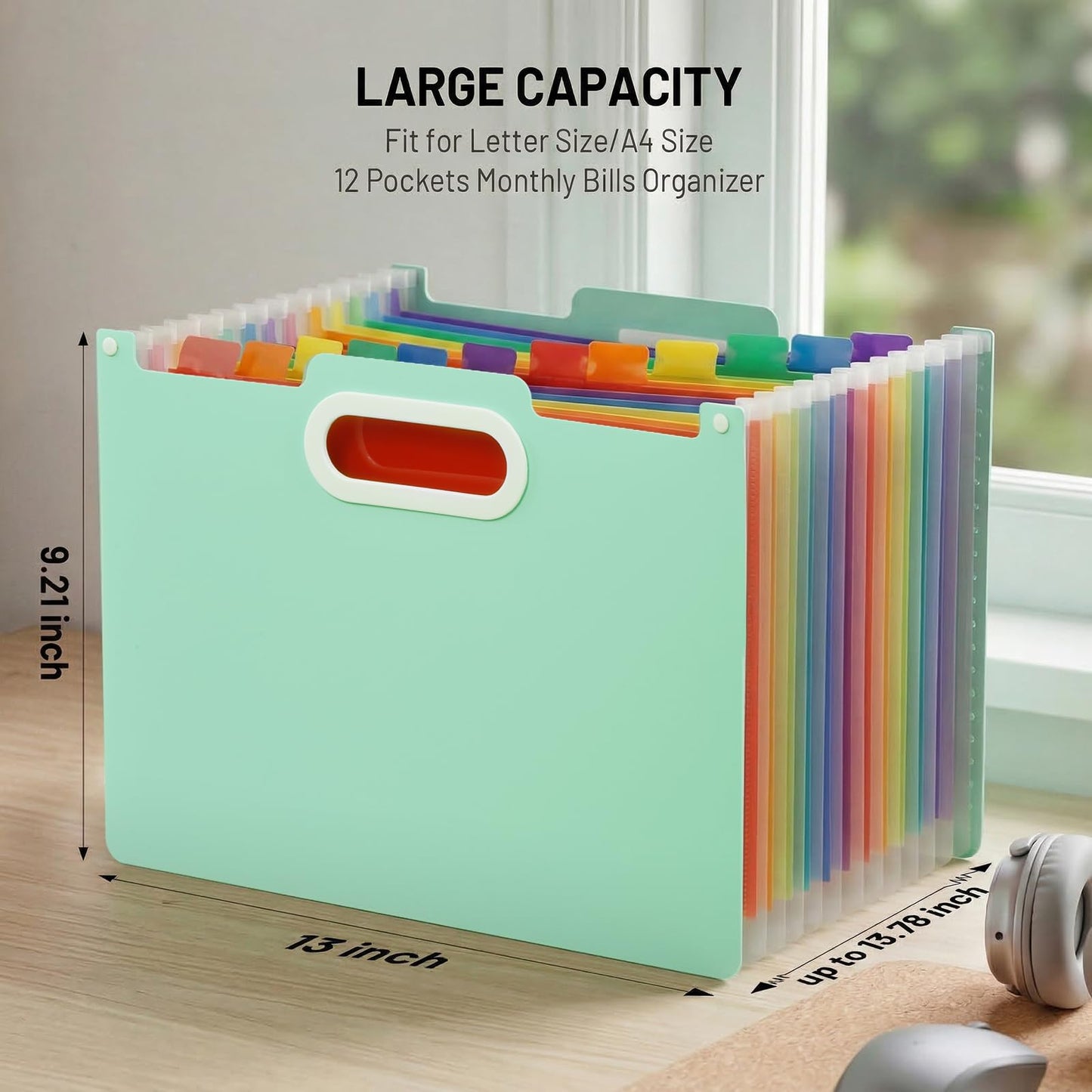 Comix Expanding File Folder, 13 Pockets Accordion File Organizer, Letter/A4 Size Document Organizer for Home Office School, Green