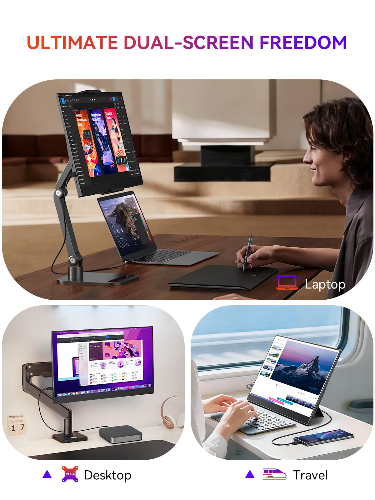 UPERFCET Portable Monitor, 15.6" 1080P 125% sRGB 2000:1 Contrast Ultra-Slim Laptop Monitor with Stand VESA USB-C Mini HDMI, Travel Second Screen for Computer, Phone, Mini PC, Game Consoles