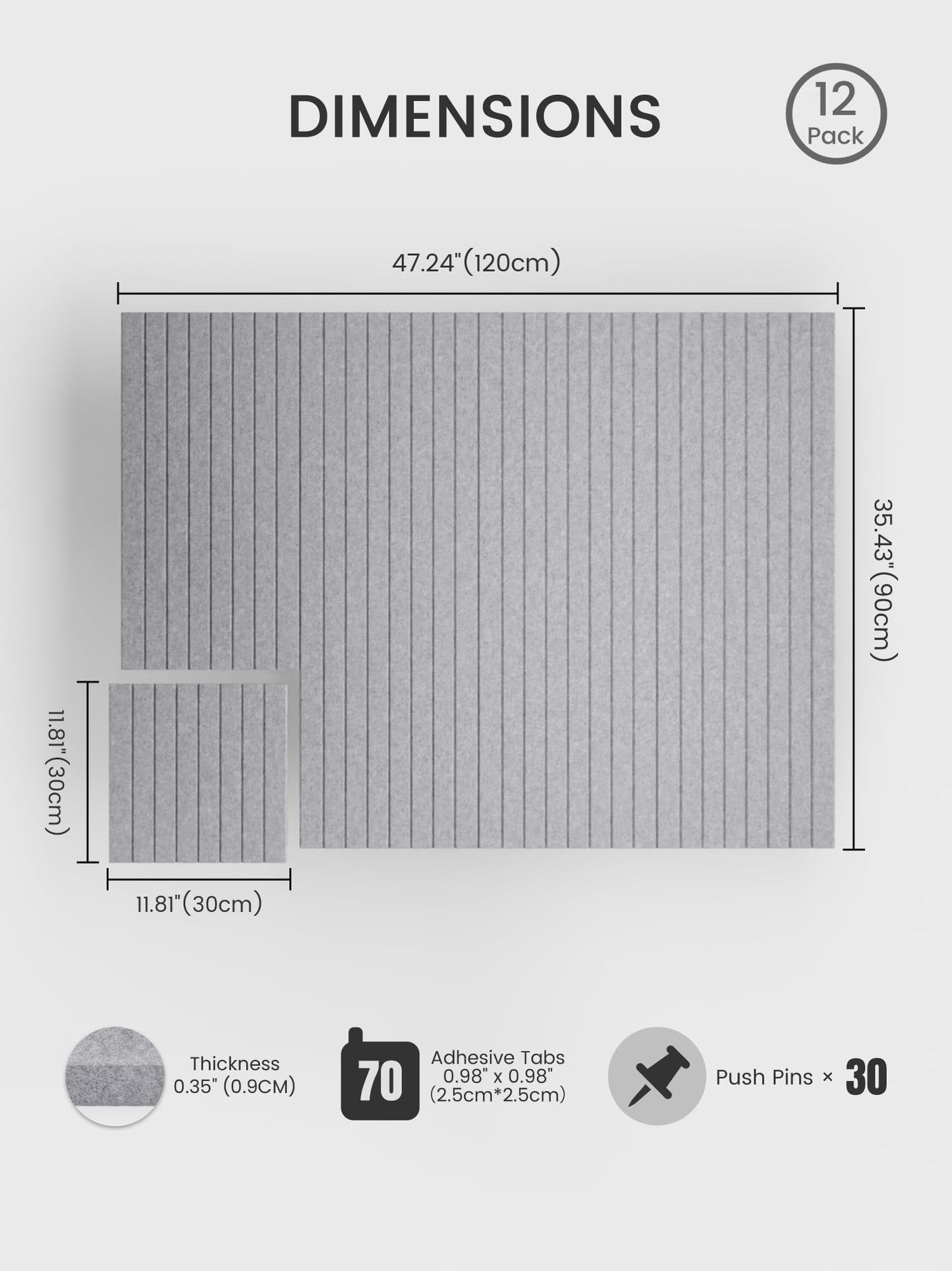 Bumusty Large Cork Board Alternative-48 x 36" Felt Bulletin Board Tiles, with 30 Pushpins, 70 Adhesive Tabs, Fine-Stripe 12-Pack, Cork Boards for Office Push Pin Board Felt Board-Soft Gray