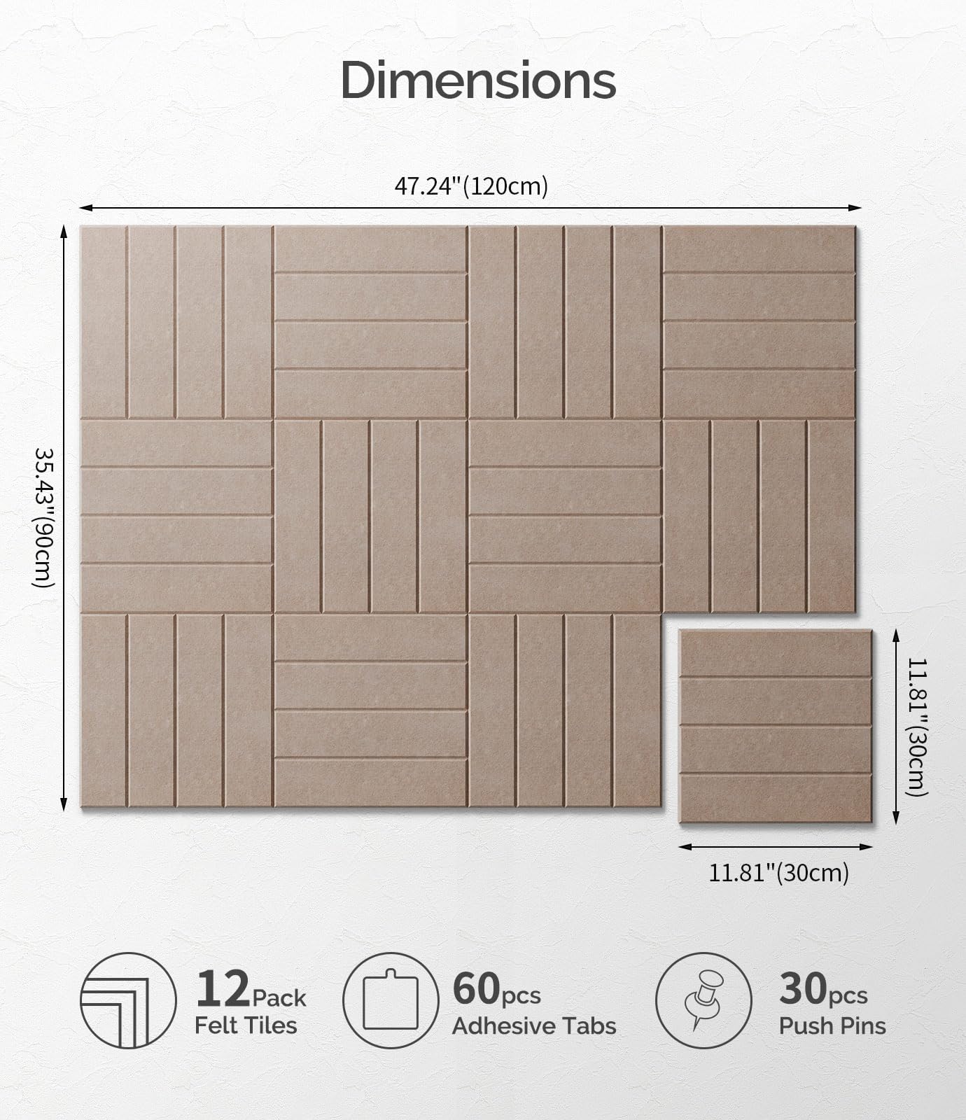 Bounmer Large Cork Board Alternative 48“ x 36”, 12-Pack Felt Bulletin Board Tiles with 60 Safe Removable Adhesive Tabs & 30 Pushpins, Cork Boards for Office Walls Decor (Taupe)